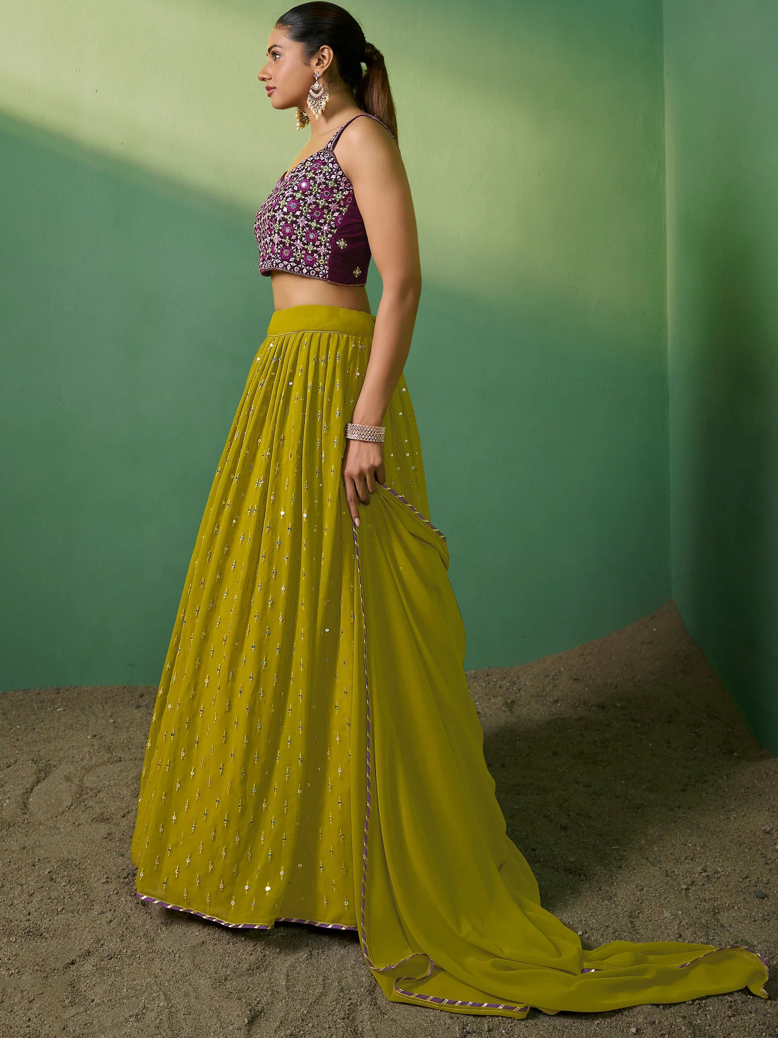 Green Eye-Catching Sequins Georgette Haldi Wear Lehenga Choli for Women