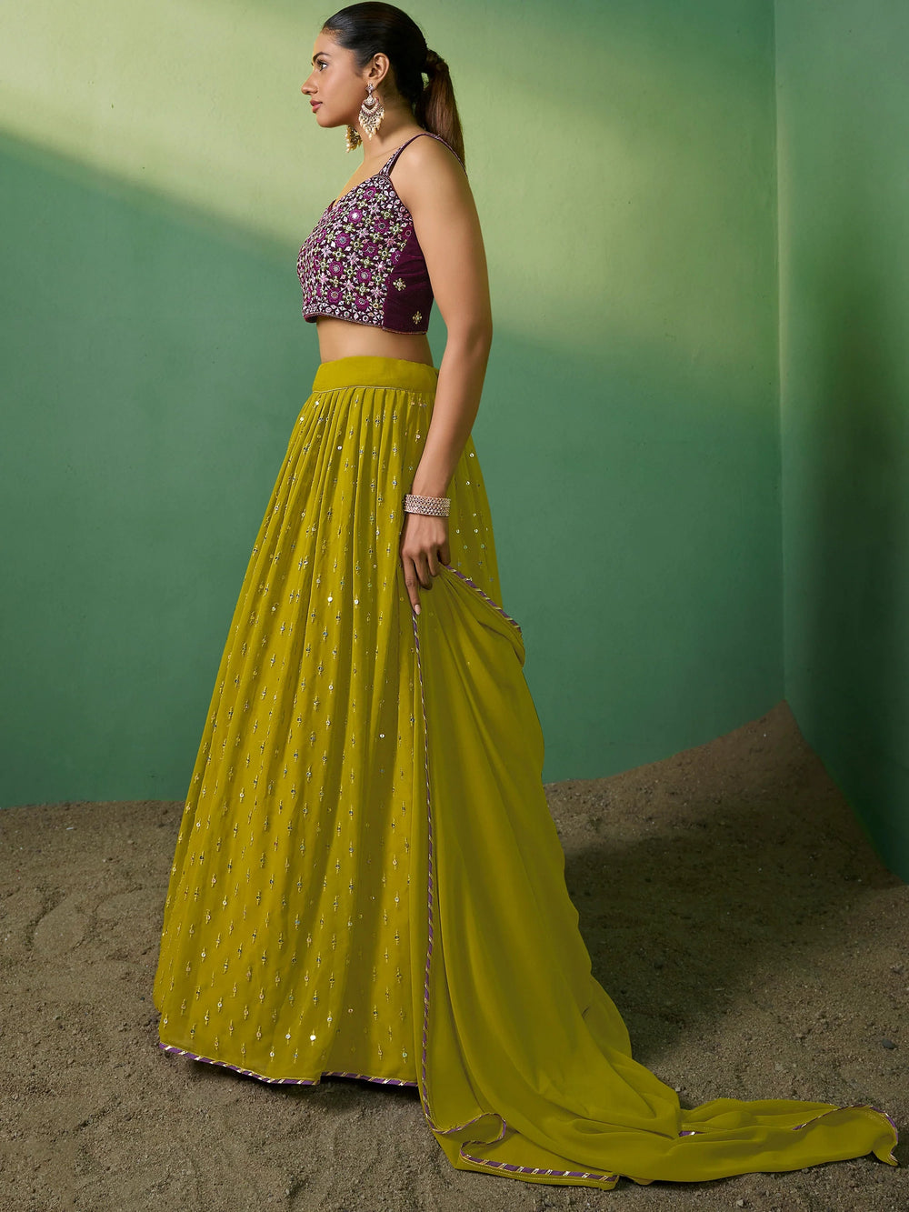Green Eye-Catching Sequins Georgette Haldi Wear Lehenga Choli for Women