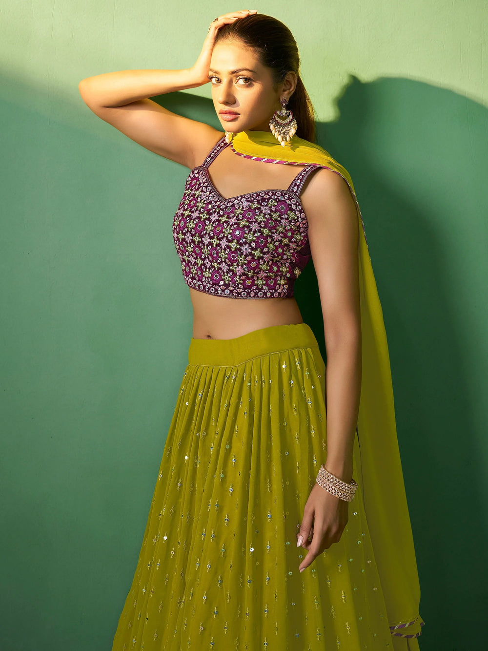 Green Eye-Catching Sequins Georgette Haldi Wear Lehenga Choli for Women