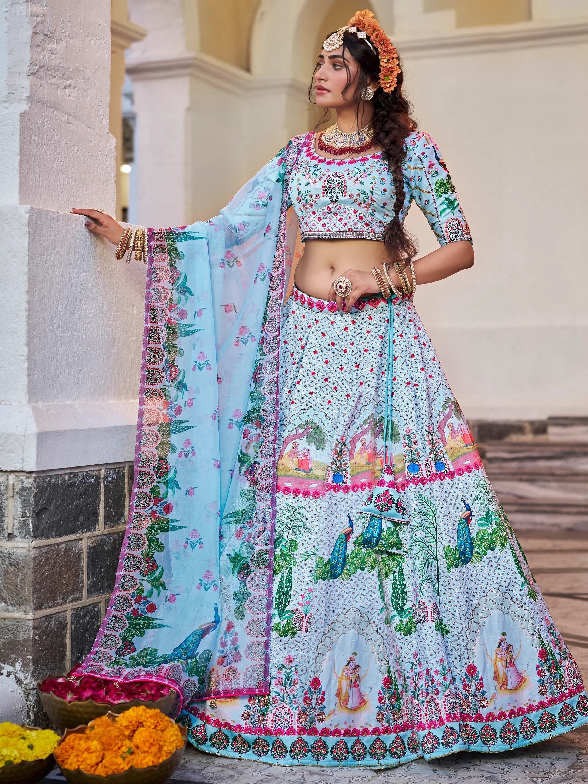 Sky-Blue Printed Art Silk Festival Wear Lehenga Choli for Women