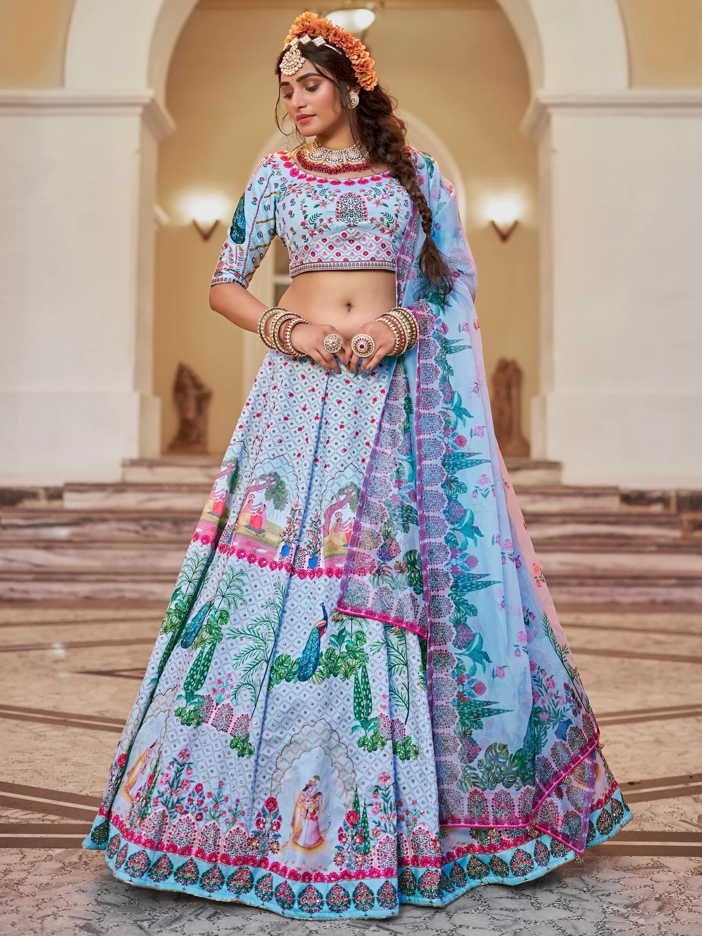 Sky-Blue Printed Art Silk Festival Wear Lehenga Choli for Women