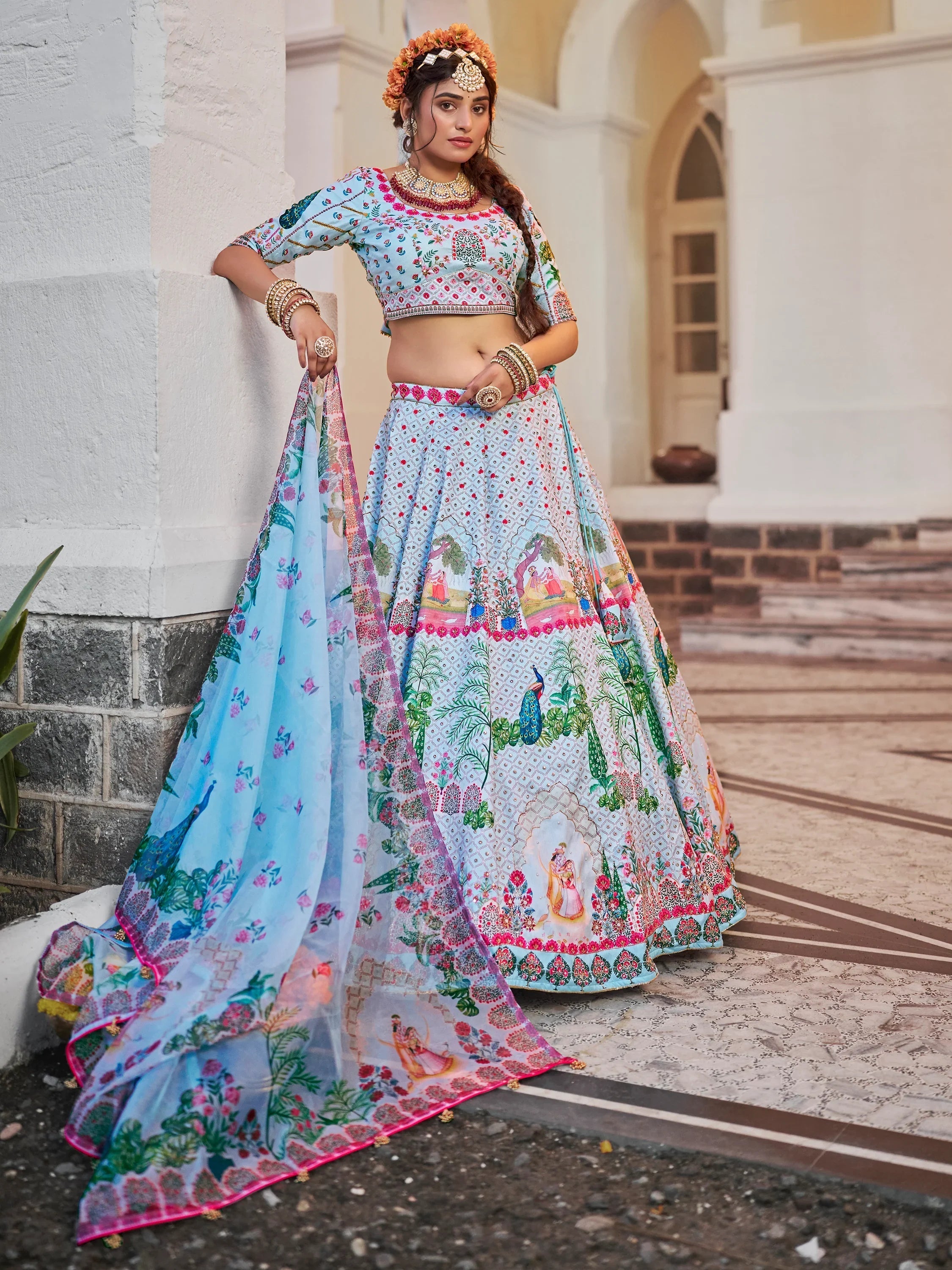 Sky-Blue Printed Art Silk Festival Wear Lehenga Choli for Women
