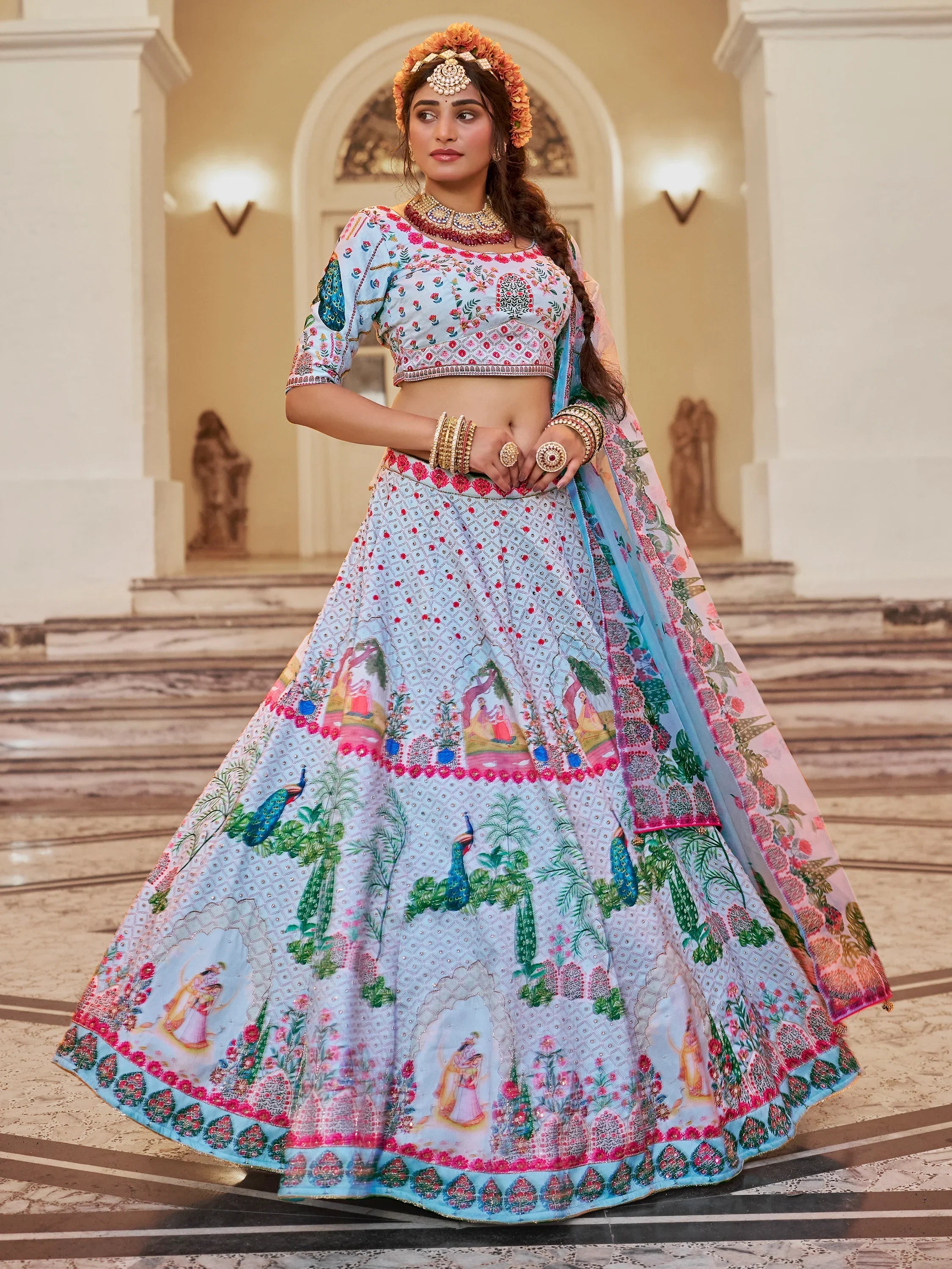 Sky-Blue Printed Art Silk Festival Wear Lehenga Choli for Women