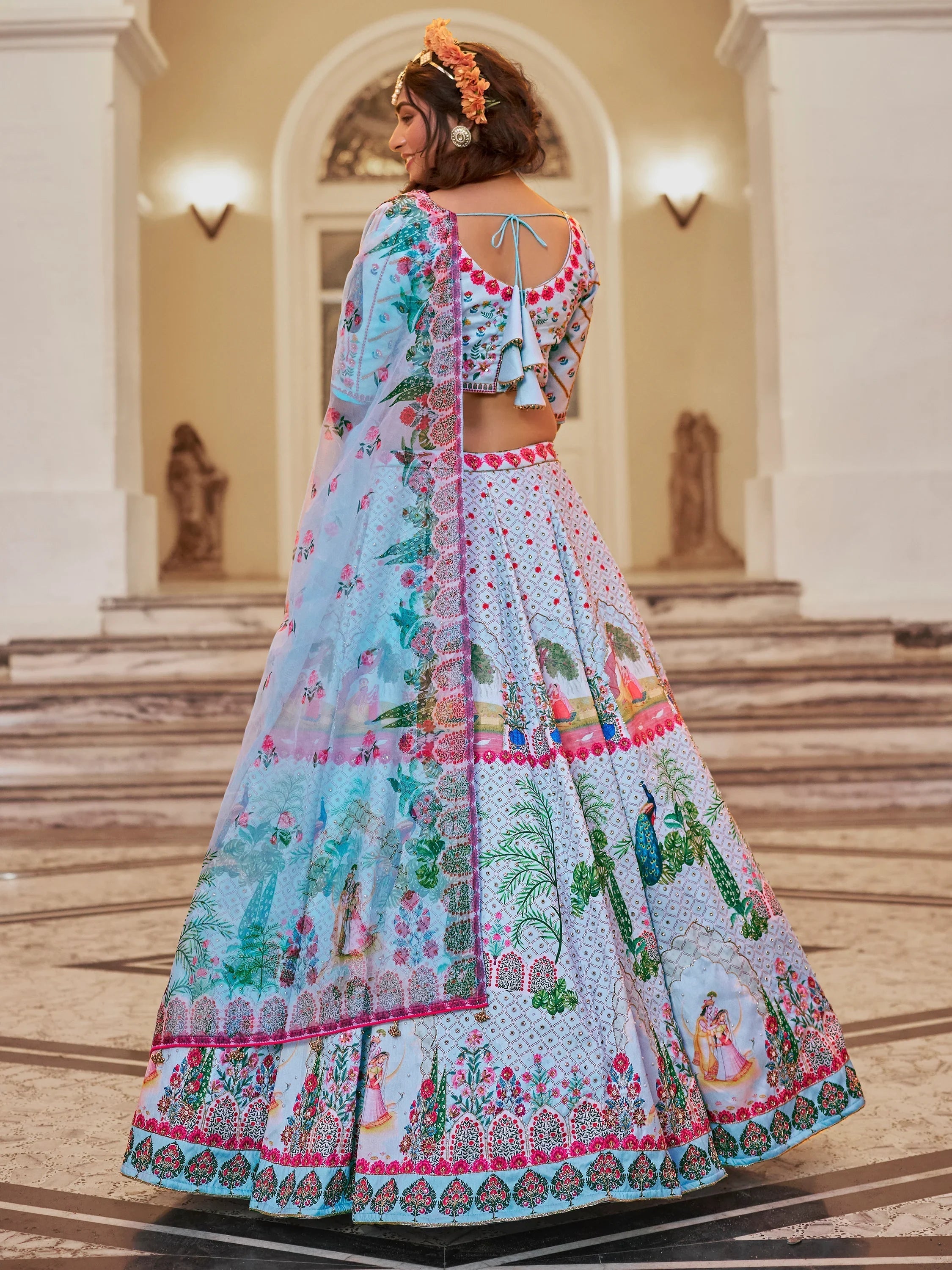 Sky-Blue Printed Art Silk Festival Wear Lehenga Choli for Women