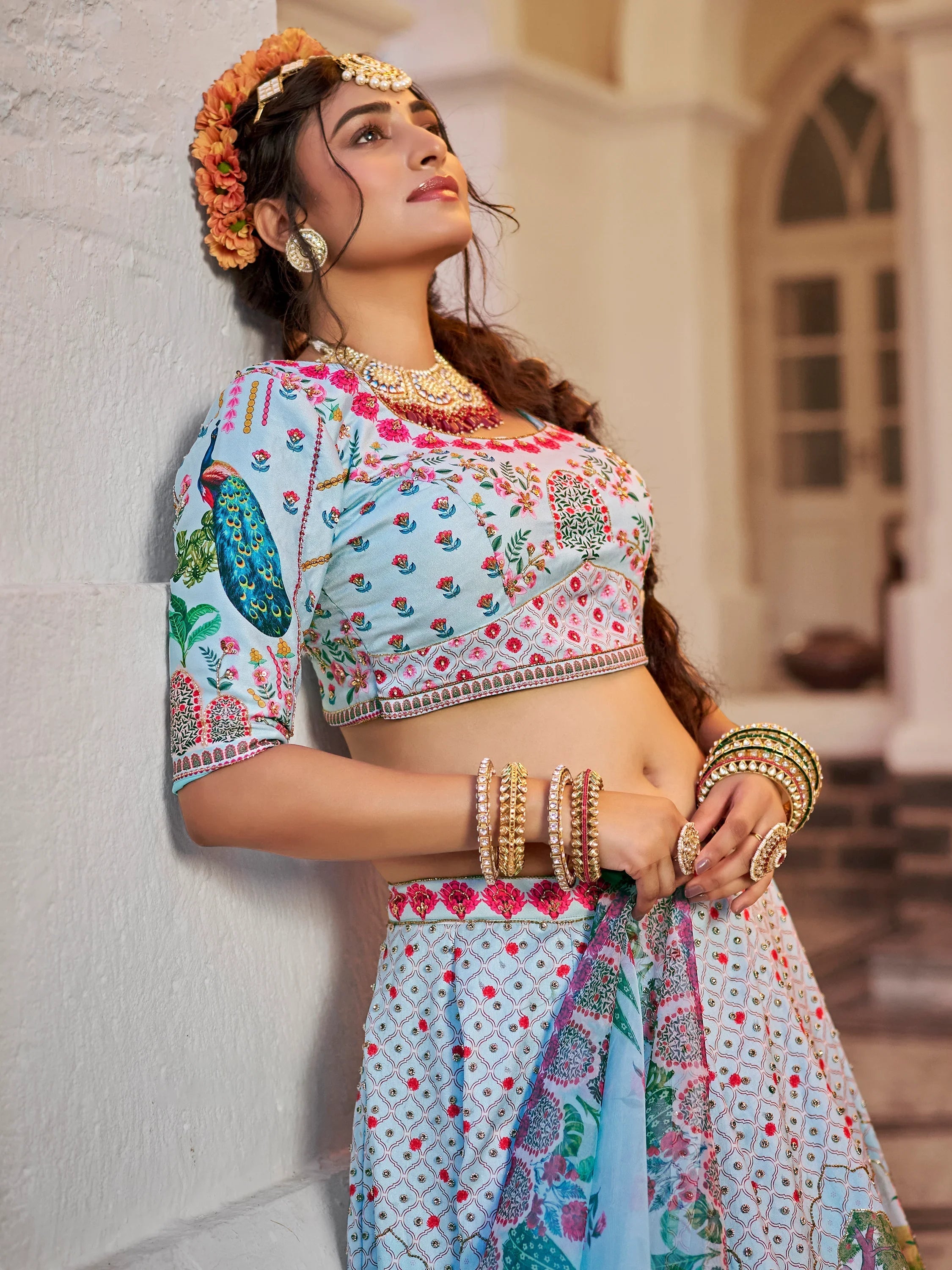 Sky-Blue Printed Art Silk Festival Wear Lehenga Choli for Women