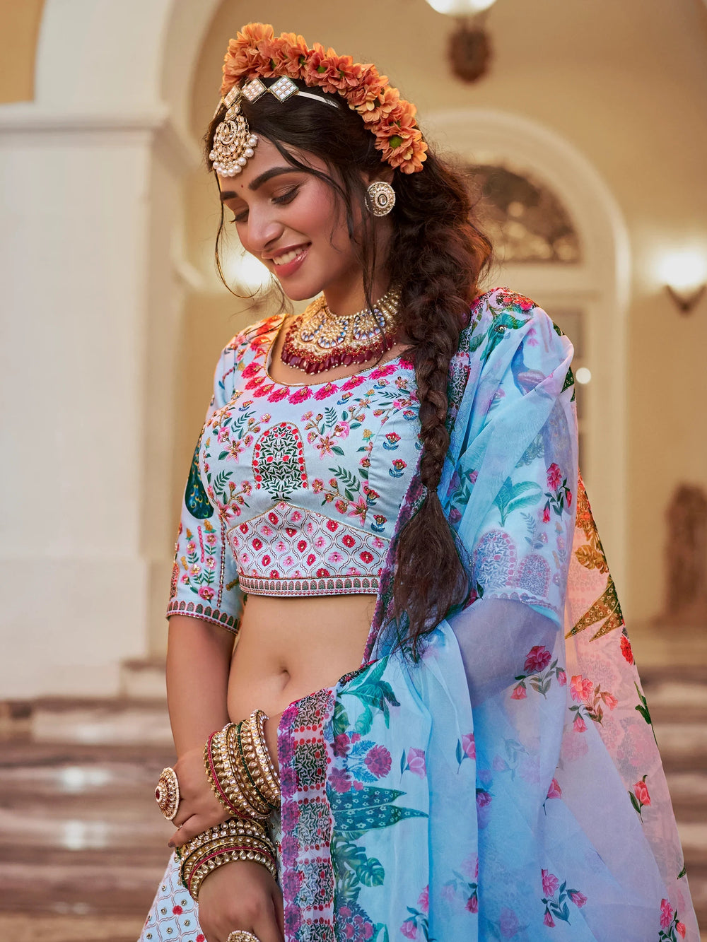 Sky-Blue Printed Art Silk Festival Wear Lehenga Choli for Women