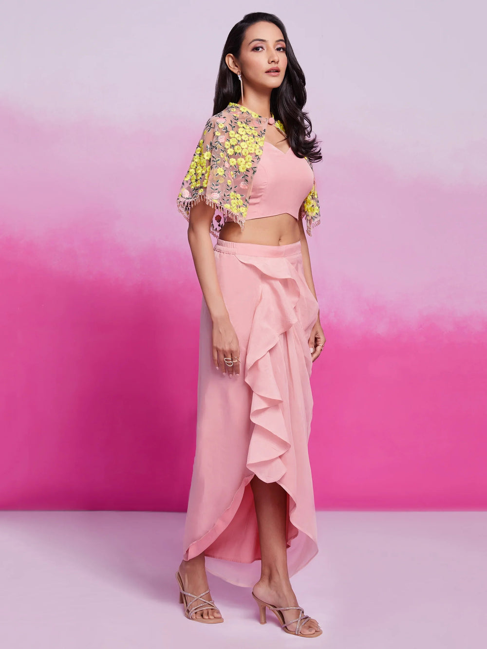 Peach Organza Party Wear Crop Top Skirt With Cape