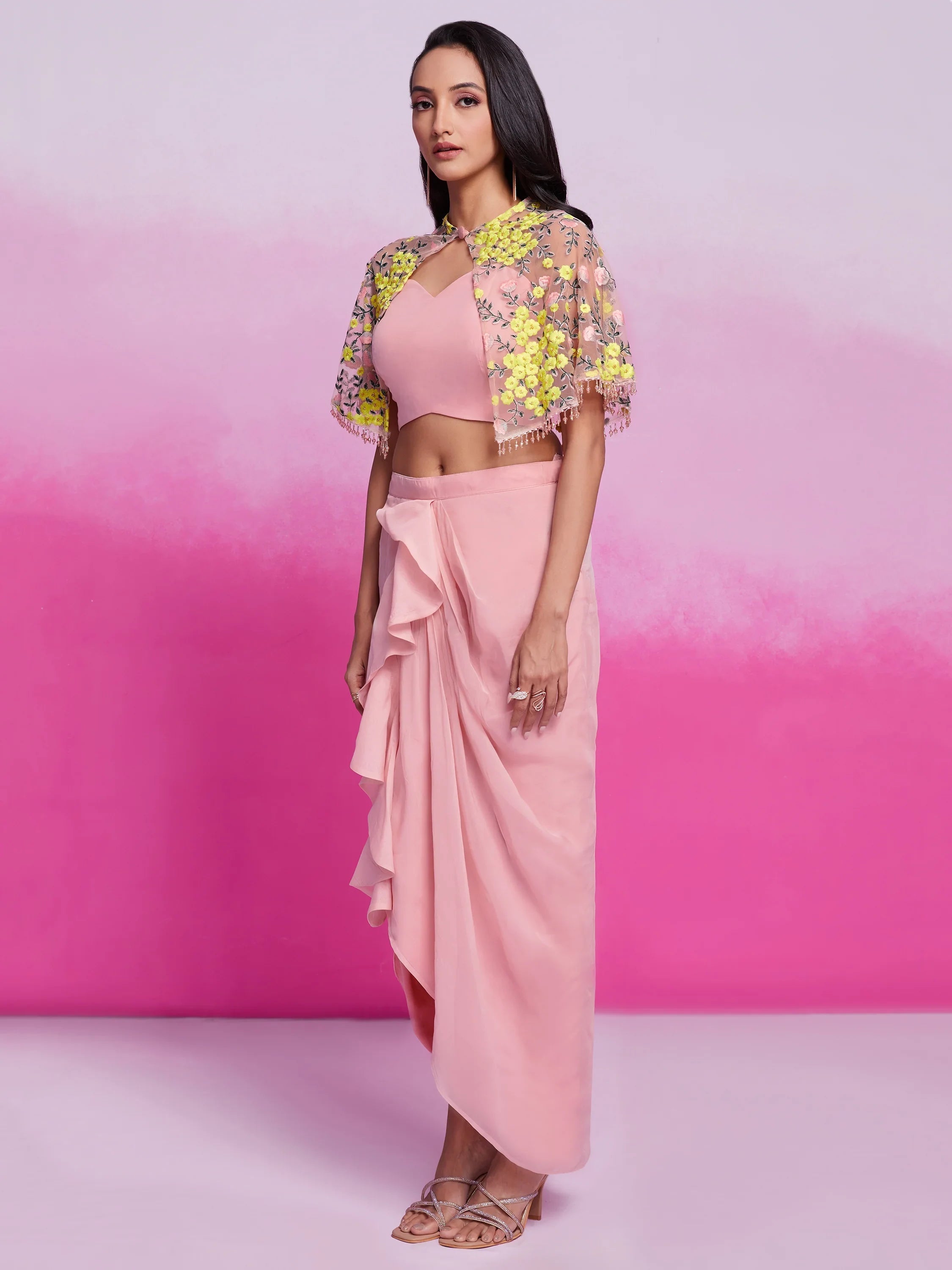 Peach Organza Party Wear Crop Top Skirt With Cape
