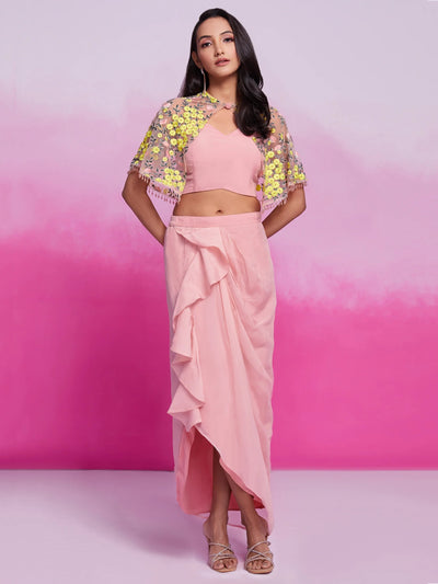 Peach Organza Party Wear Crop Top Skirt With Cape