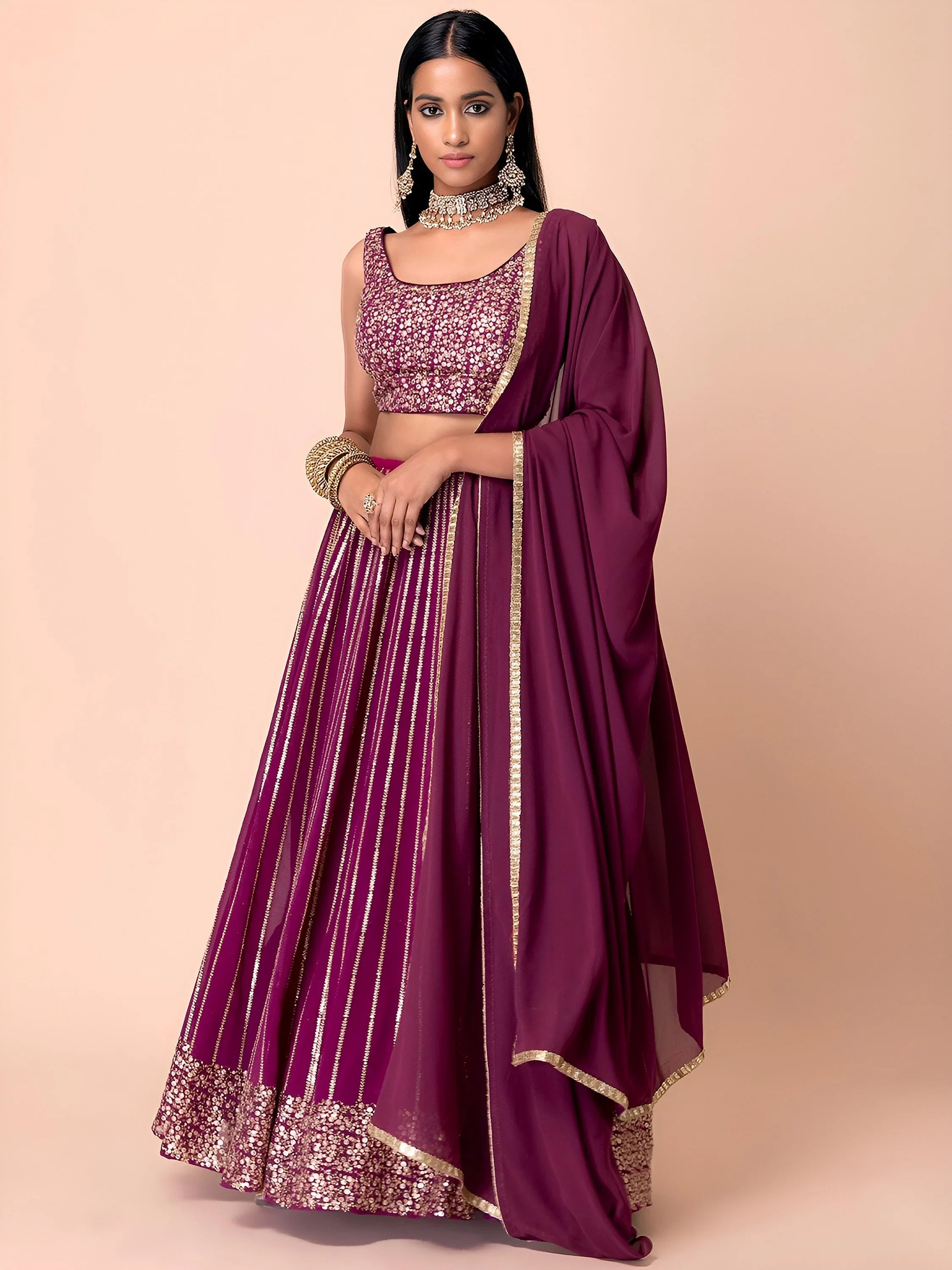 Wine Sequins Georgette Reception Lehenga Choli Occasion Wear