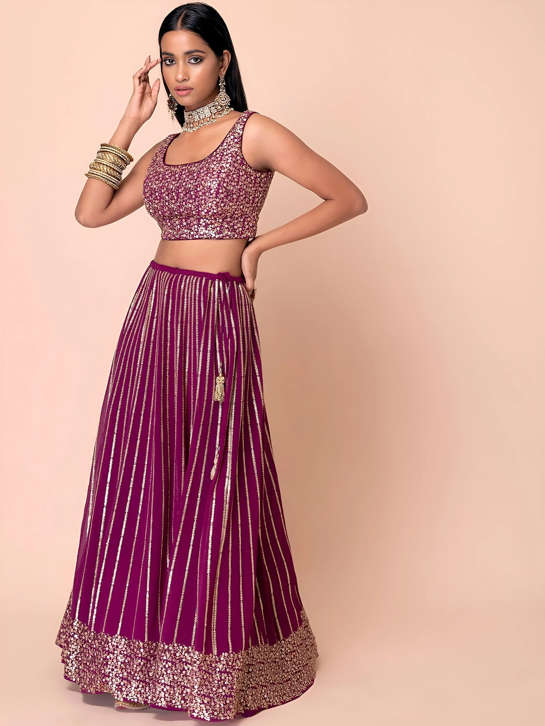 Wine Sequins Georgette Reception Lehenga Choli Occasion Wear