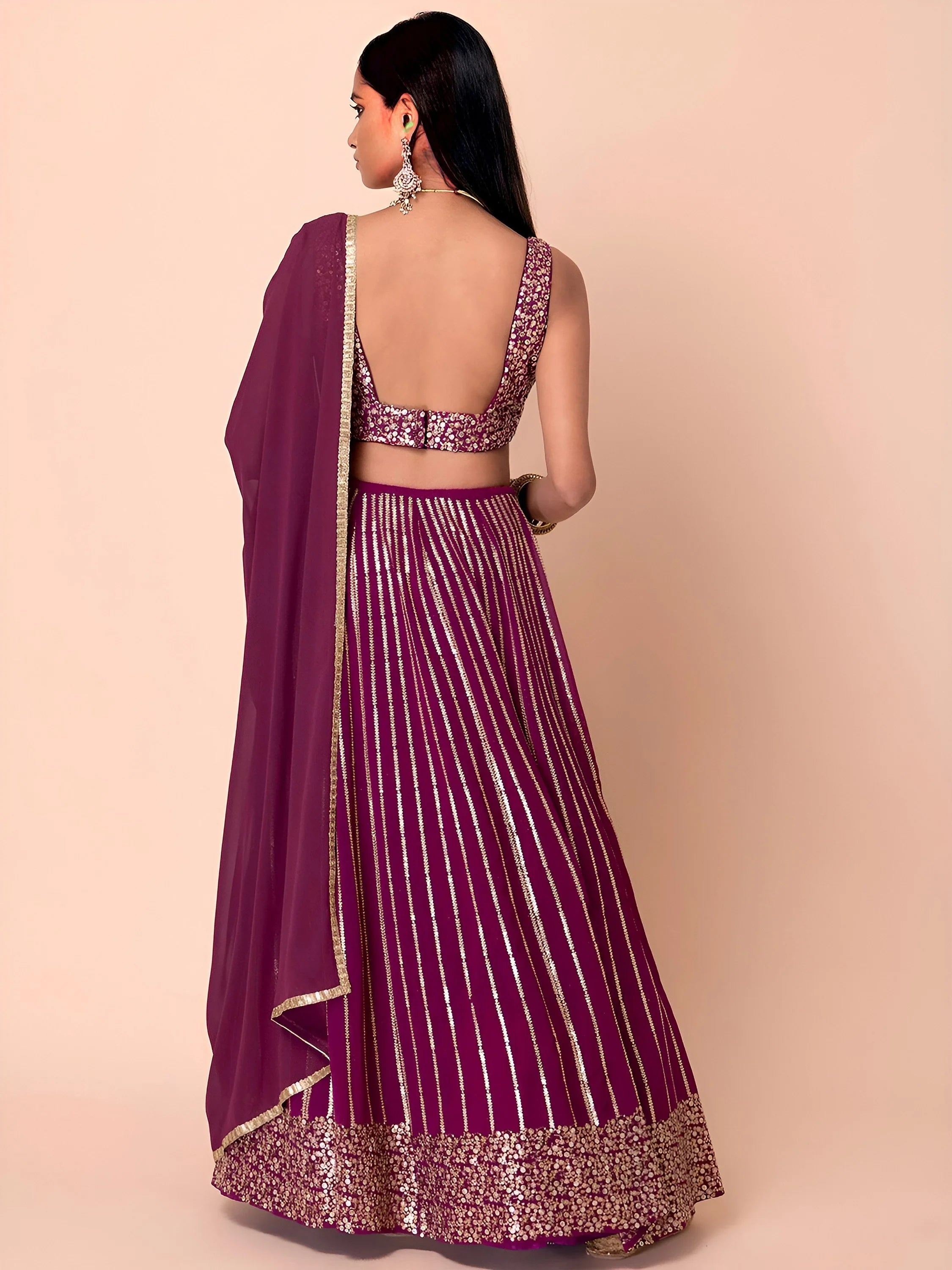Wine Sequins Georgette Reception Lehenga Choli Occasion Wear