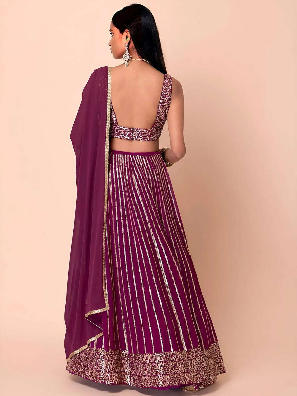 Wine Sequins Georgette Reception Lehenga Choli Occasion Wear