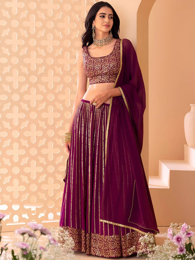 Wine Sequins Georgette Reception Lehenga Choli Occasion Wear