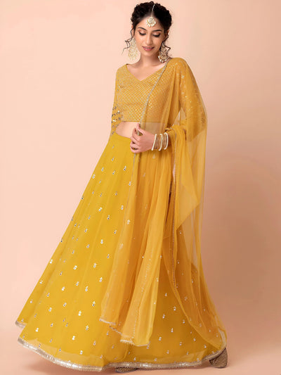 Yellow Sequins Georgette Haldi Lehenga Choli for Women