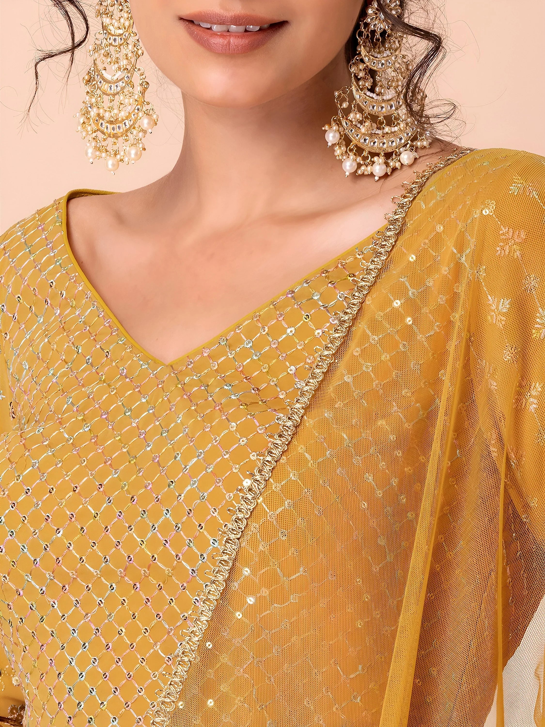 Yellow Sequins Georgette Haldi Lehenga Choli for Women