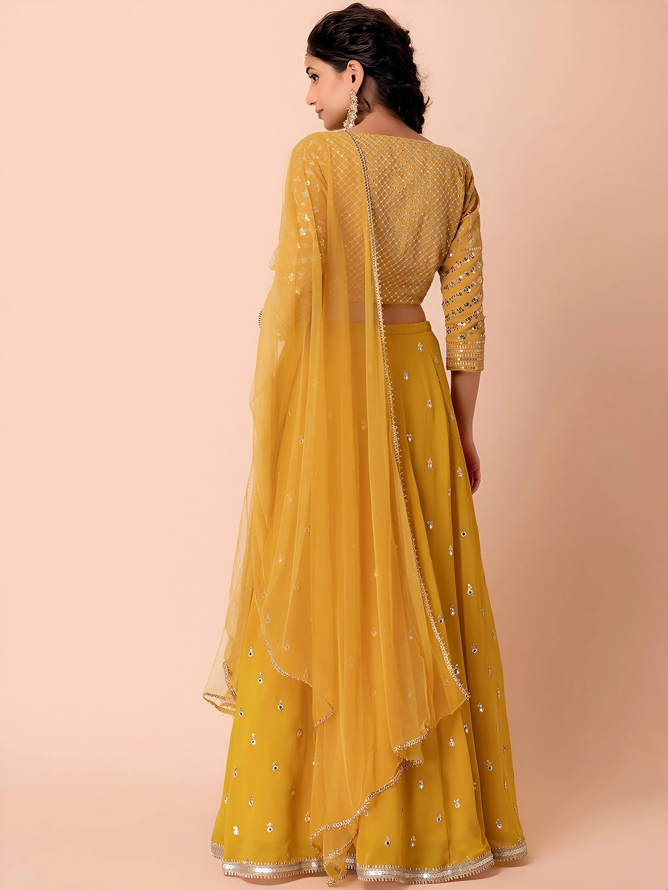 Yellow Sequins Georgette Haldi Lehenga Choli for Women