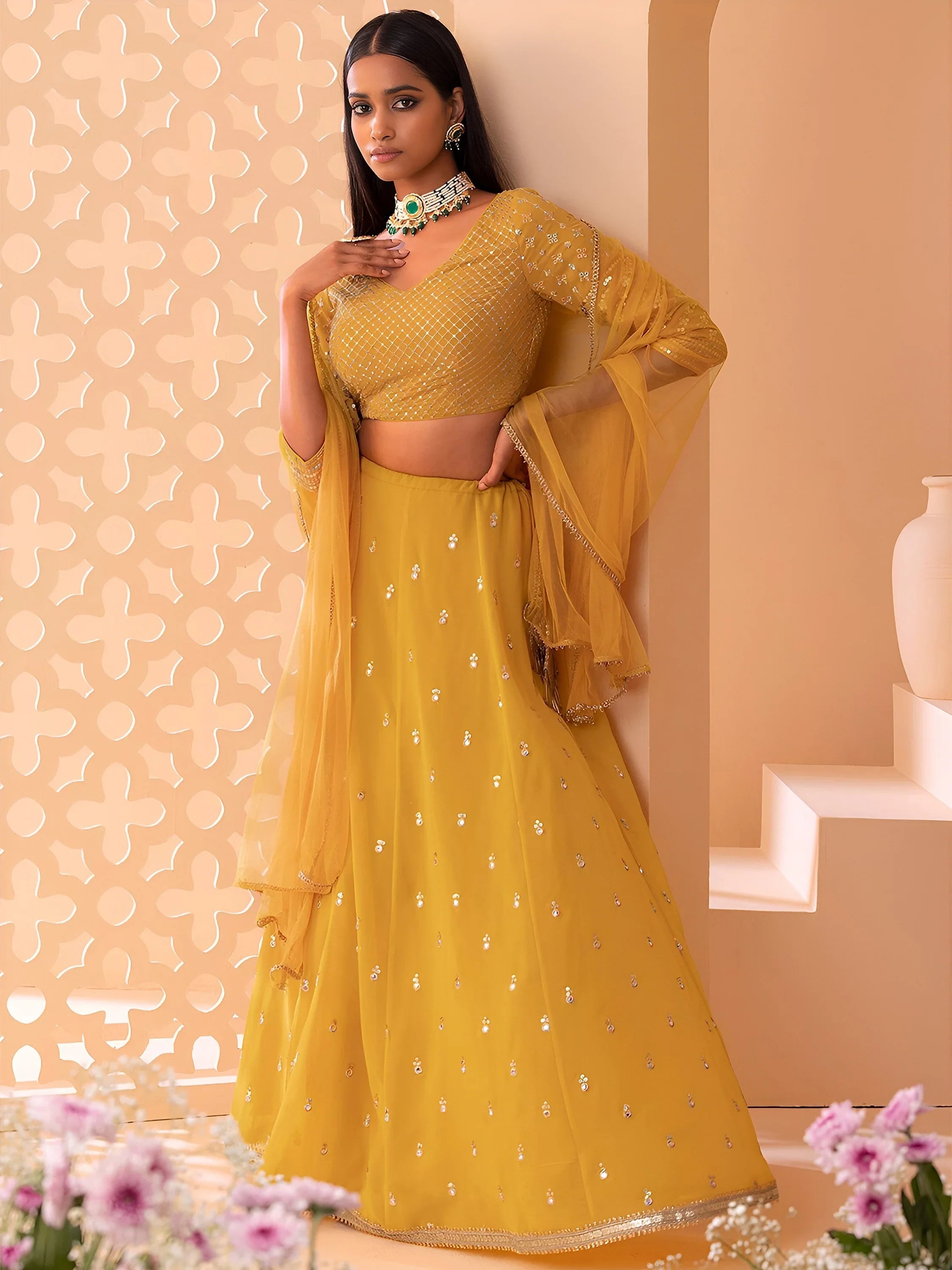 Yellow Sequins Georgette Haldi Lehenga Choli for Women