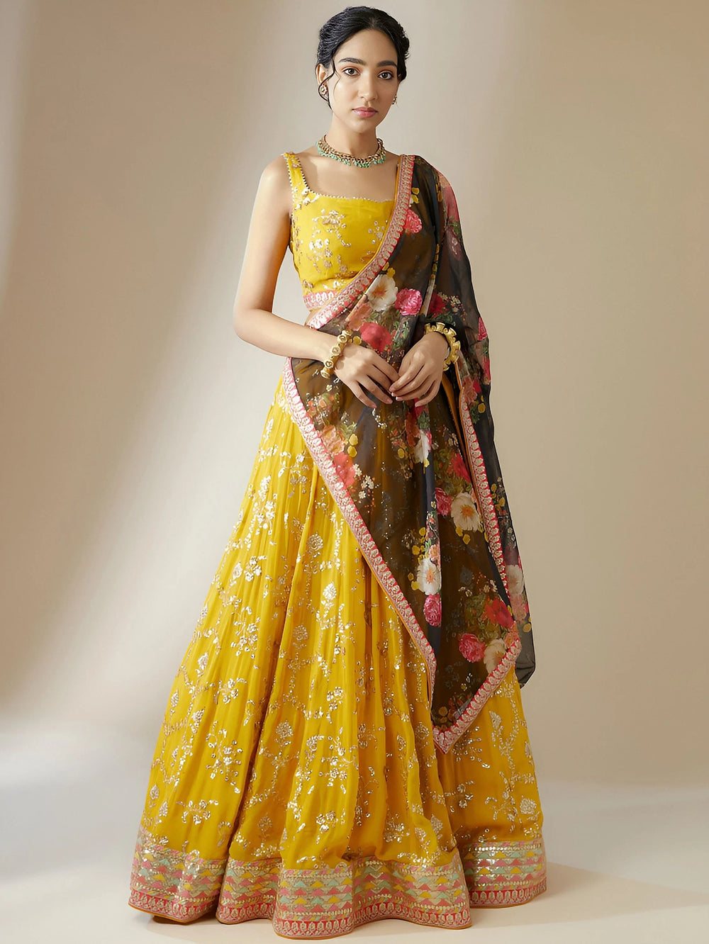 Yellow Sequins Georgette Festival Lehenga Choli Ethnic Wear for Women