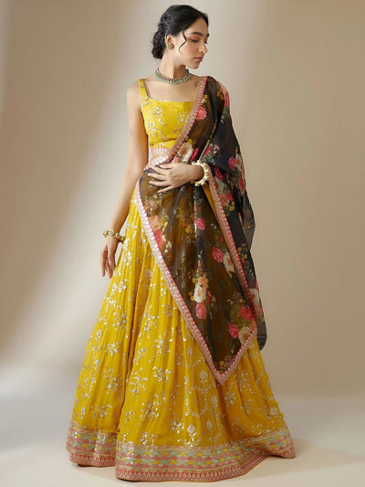 Yellow Sequins Georgette Festival Lehenga Choli Ethnic Wear for Women