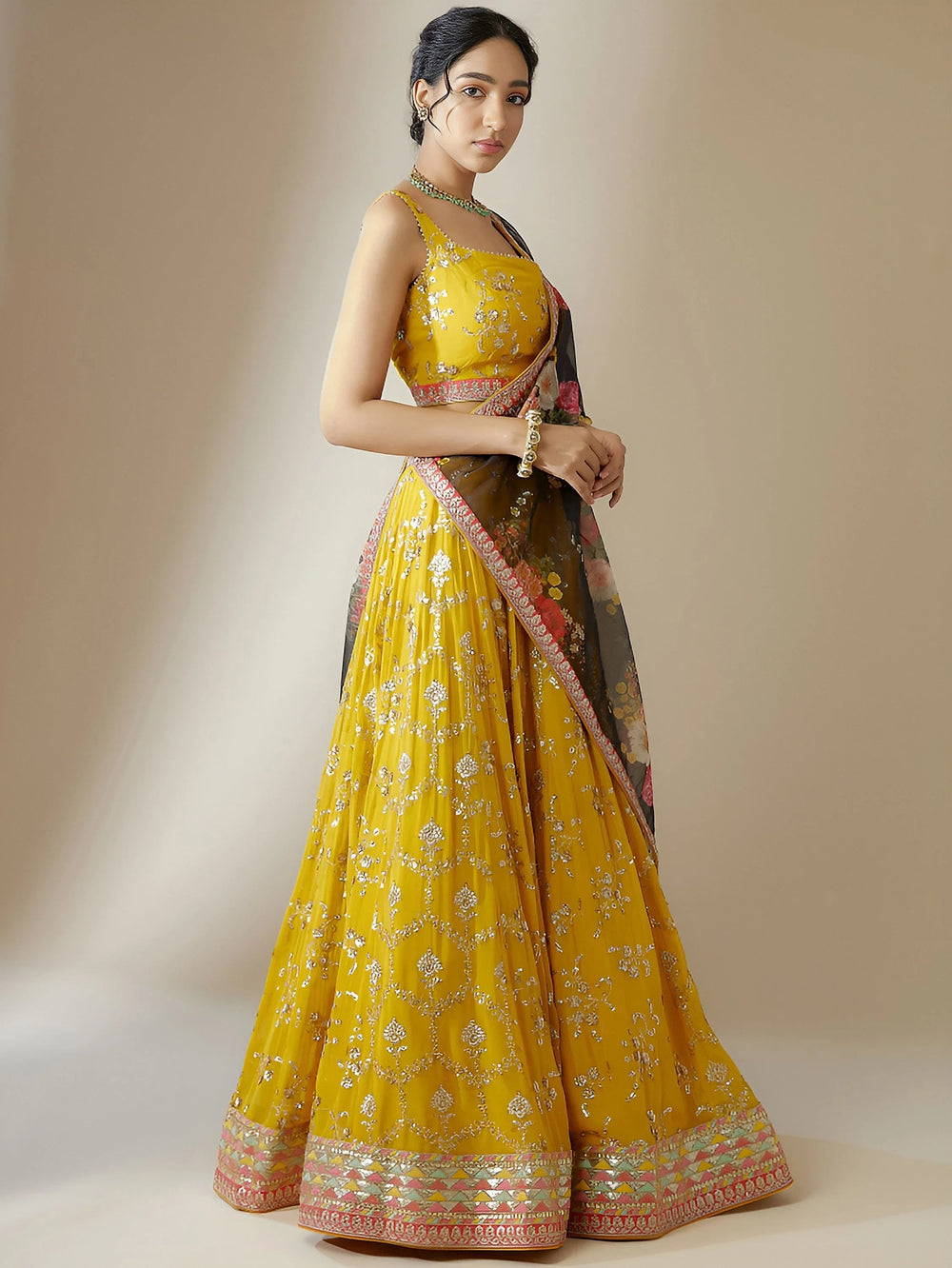 Yellow Sequins Georgette Festival Lehenga Choli Ethnic Wear for Women