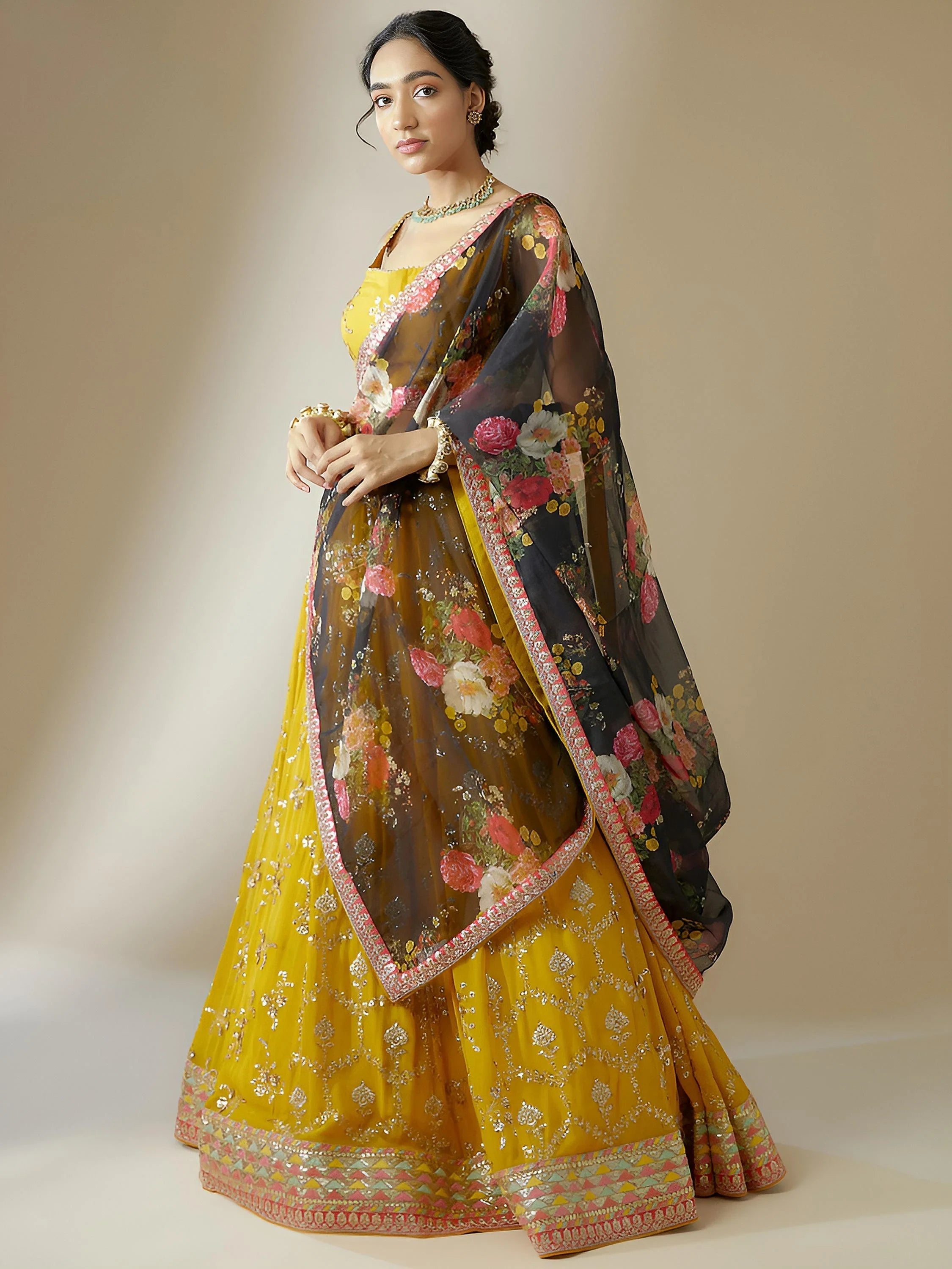 Yellow Sequins Georgette Festival Lehenga Choli Ethnic Wear for Women