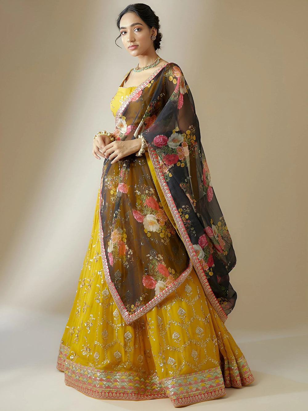 Yellow Sequins Georgette Festival Lehenga Choli Ethnic Wear for Women