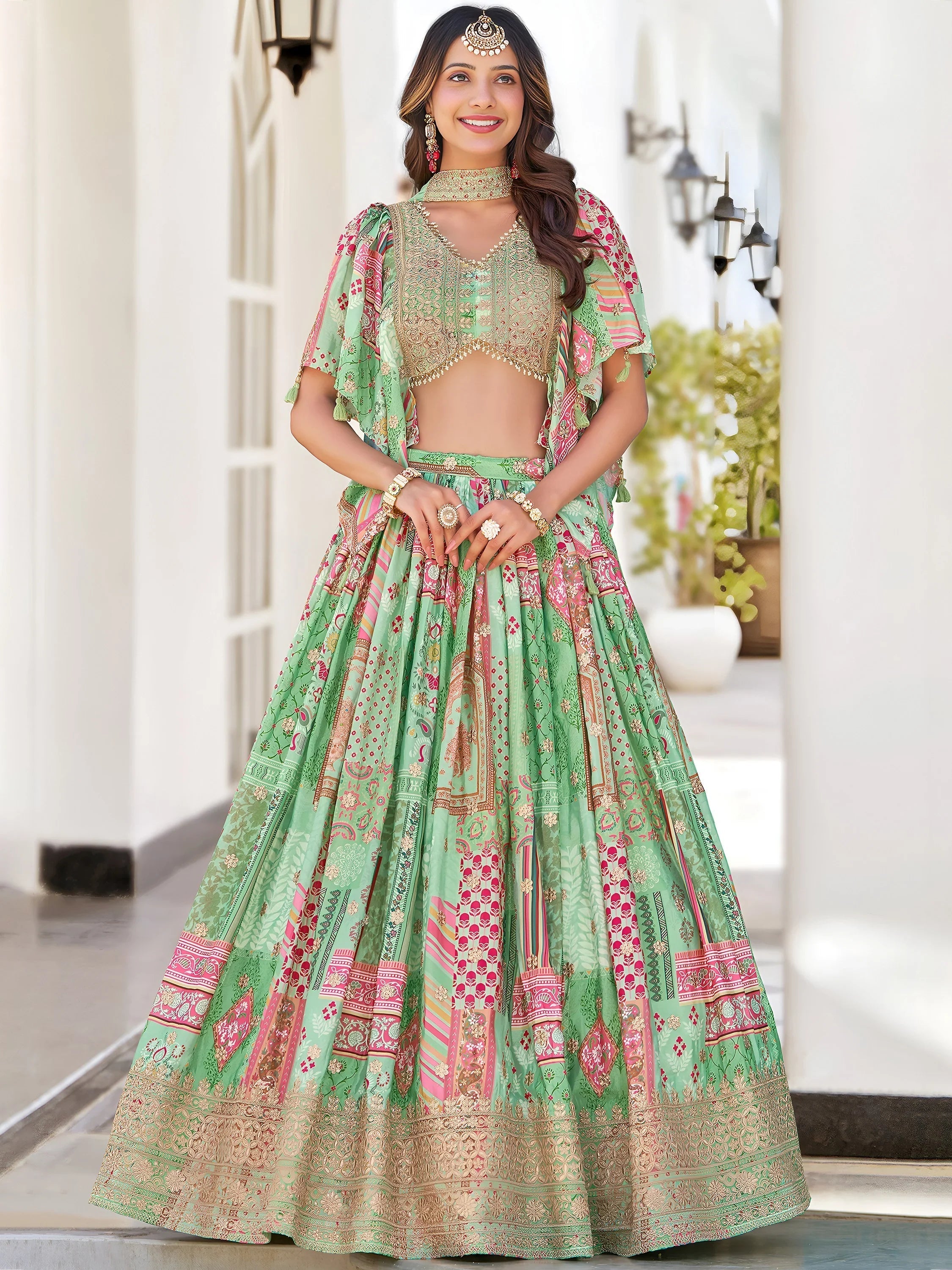 Green Chinon Silk Zari Embroidered Lehenga Choli for Women
