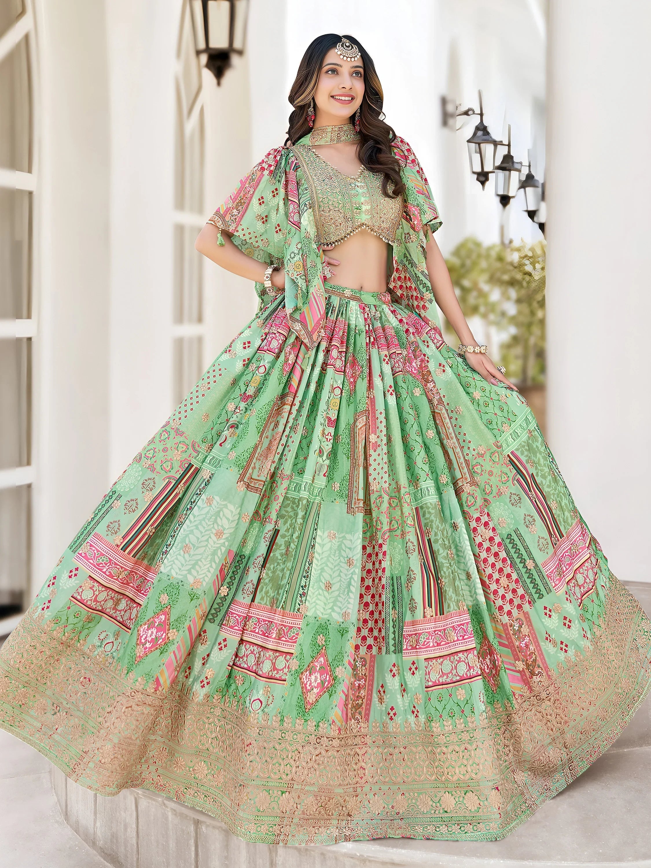 Green Chinon Silk Zari Embroidered Lehenga Choli for Women
