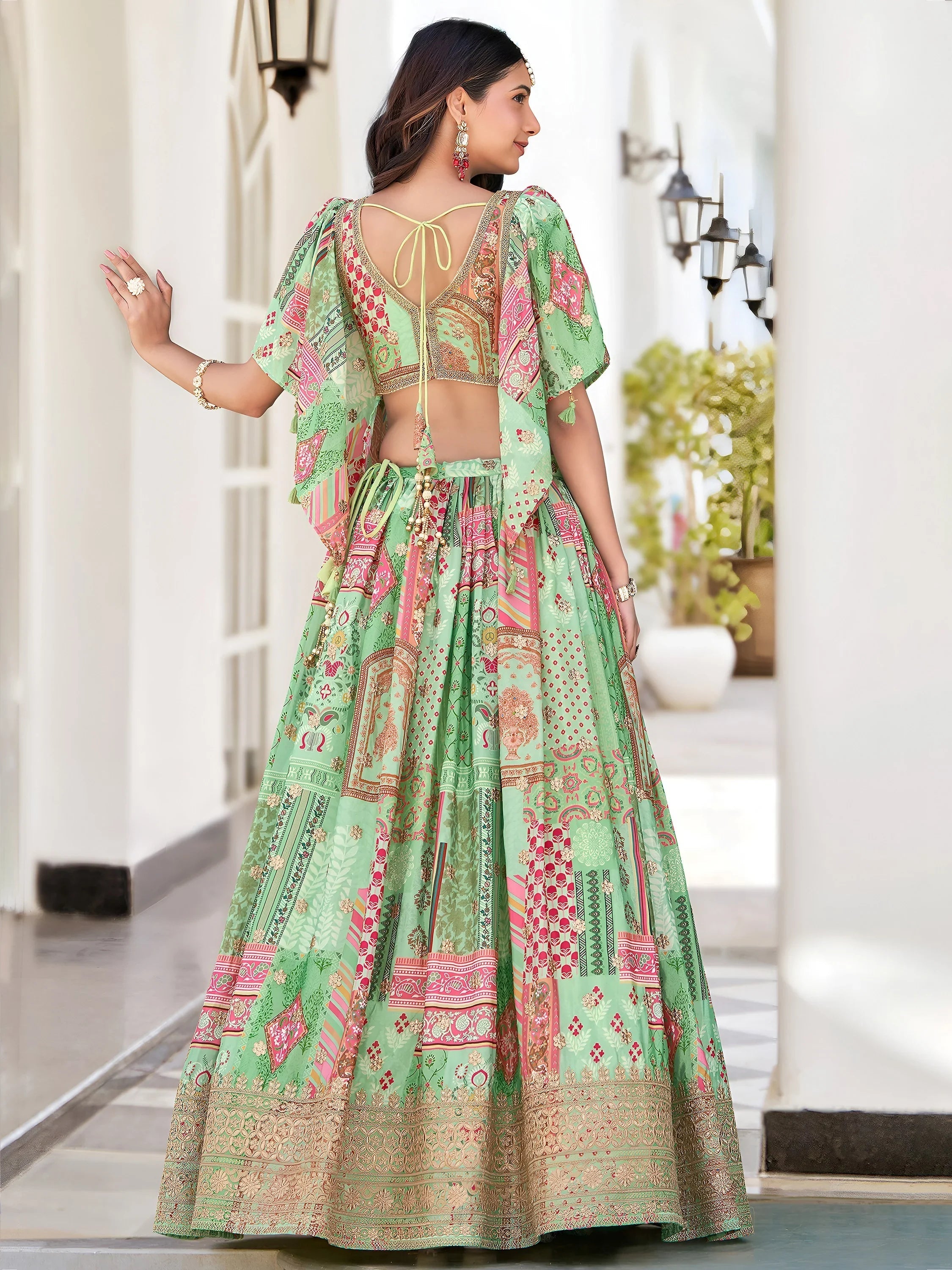 Green Chinon Silk Zari Embroidered Lehenga Choli for Women
