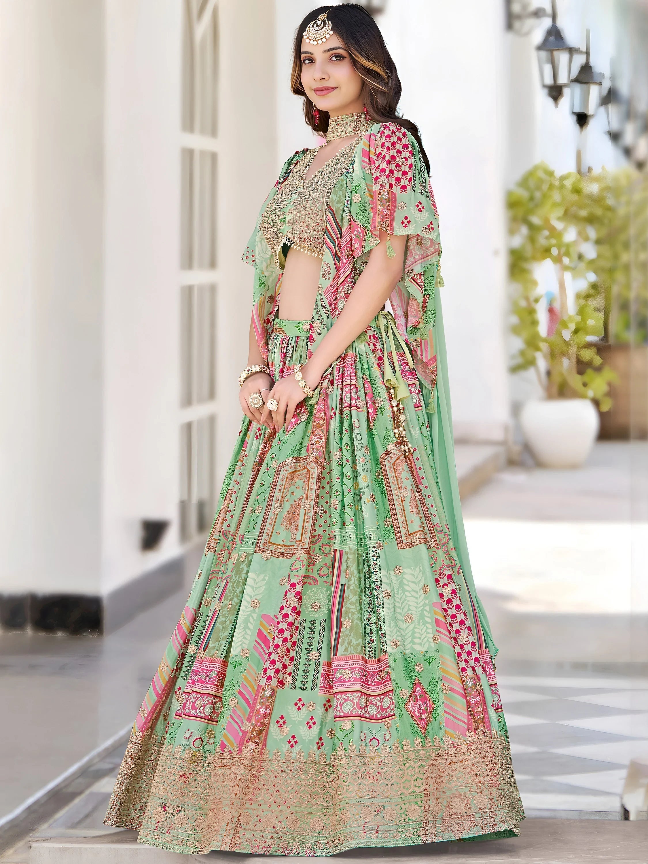 Green Chinon Silk Zari Embroidered Lehenga Choli for Women