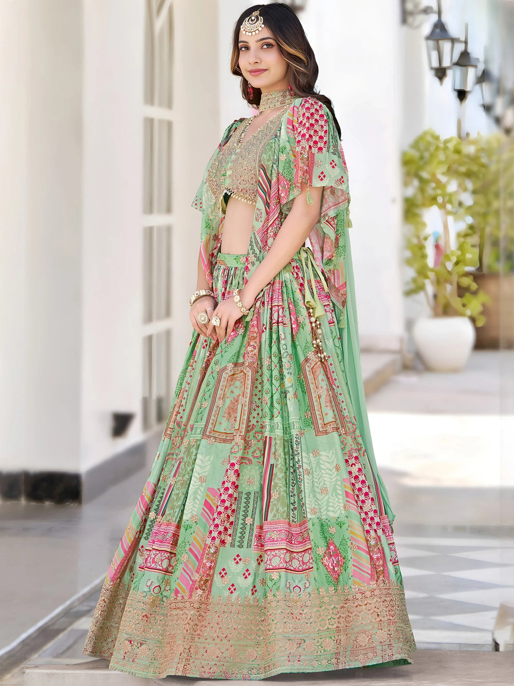 Green Chinon Silk Zari Embroidered Lehenga Choli for Women