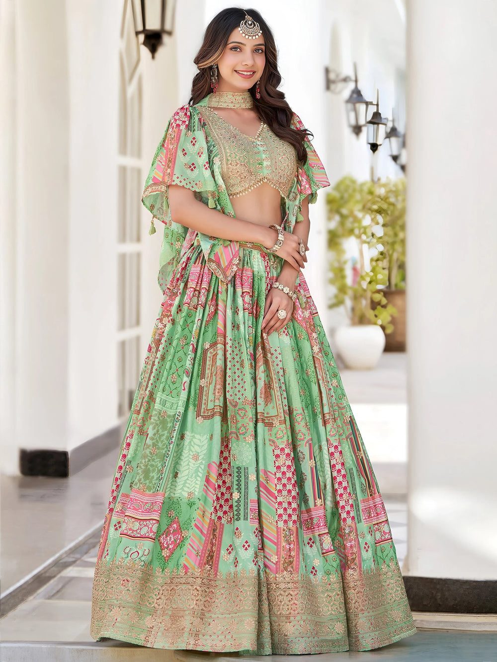 Green Chinon Silk Zari Embroidered Lehenga Choli for Women