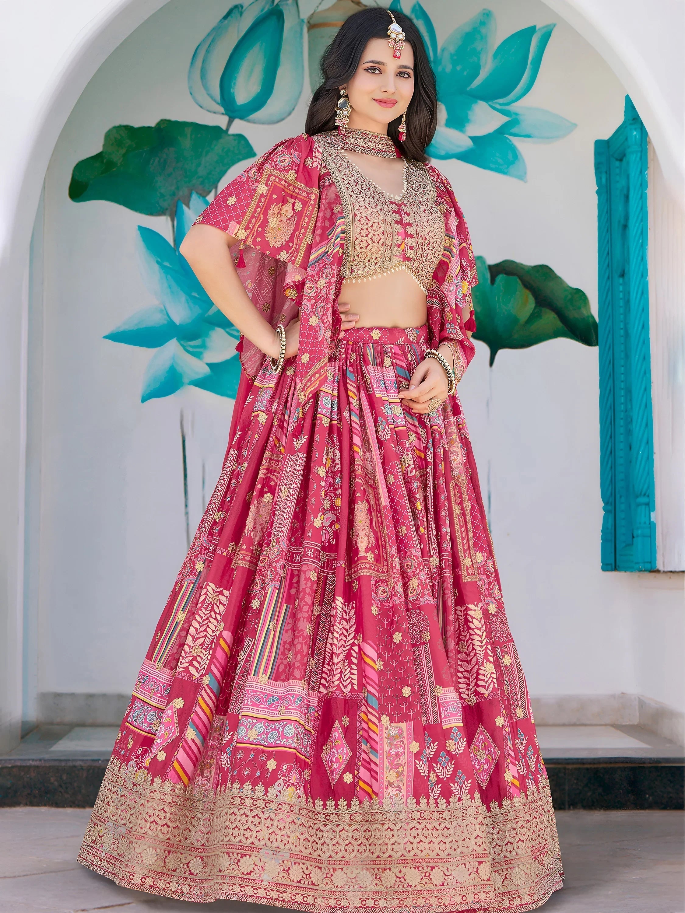 Pink Chinon Silk Zari Embroidered Lehenga Choli for Women