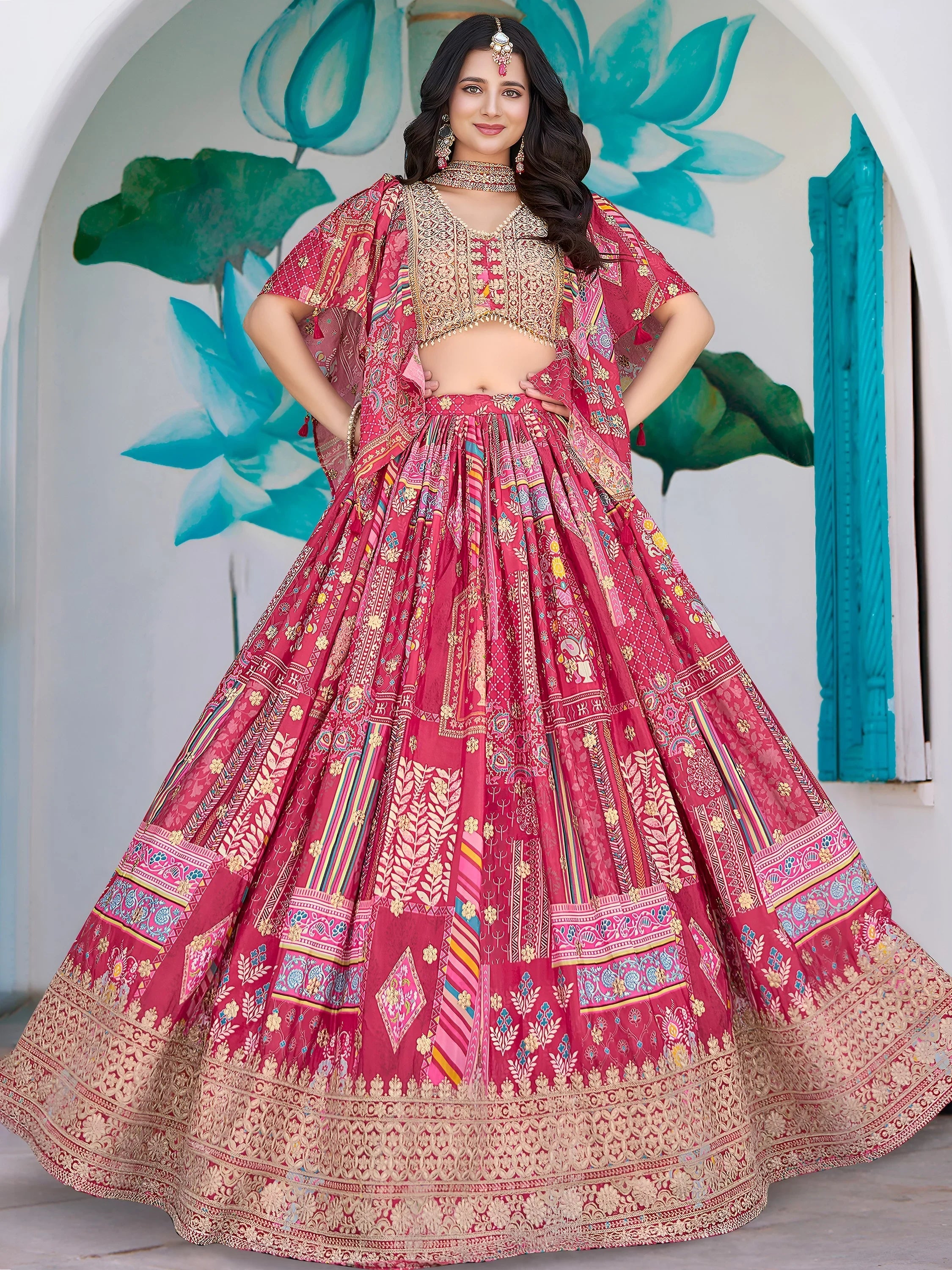 Pink Chinon Silk Zari Embroidered Lehenga Choli for Women