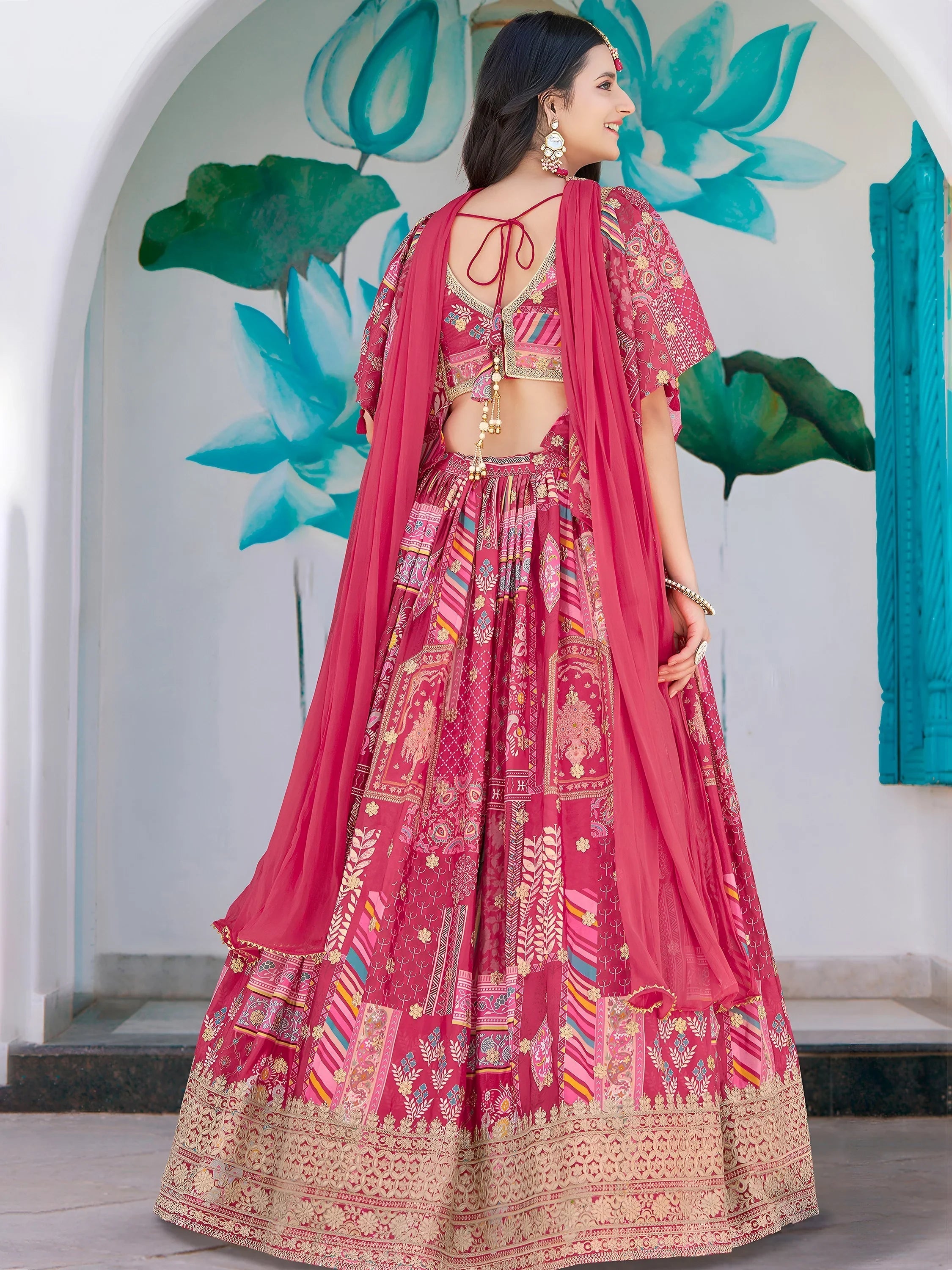 Pink Chinon Silk Zari Embroidered Lehenga Choli for Women