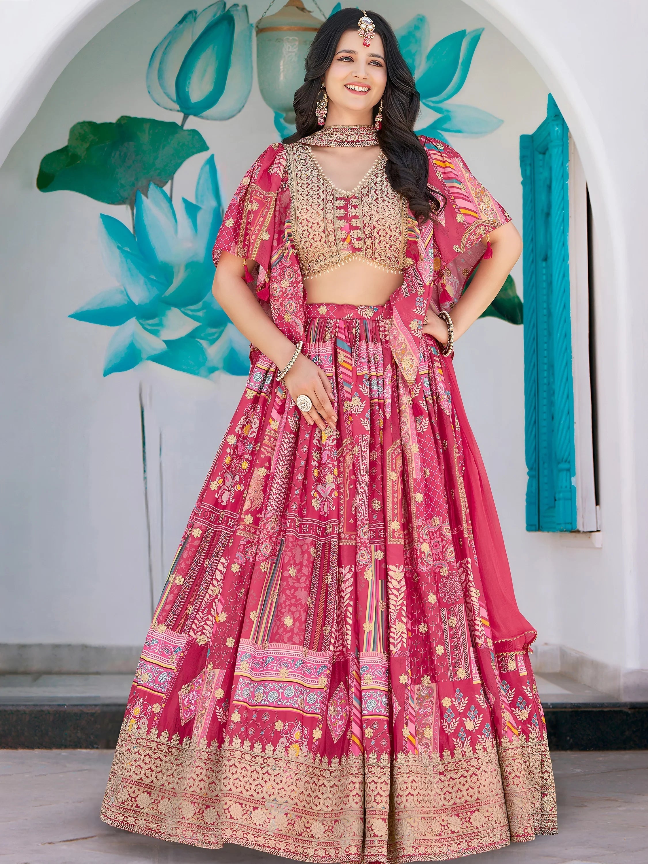 Pink Chinon Silk Zari Embroidered Lehenga Choli for Women