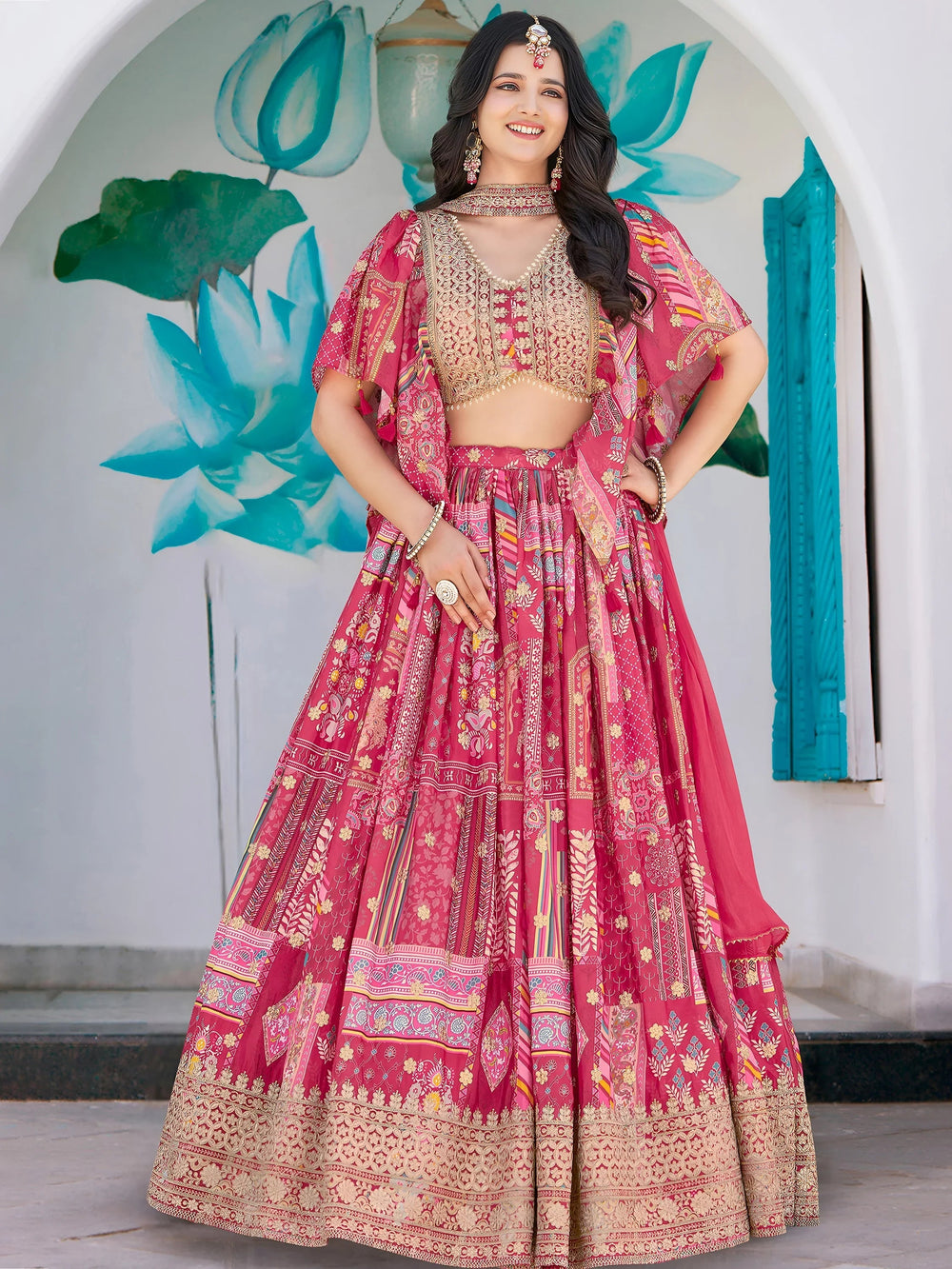 Pink Chinon Silk Zari Embroidered Lehenga Choli for Women