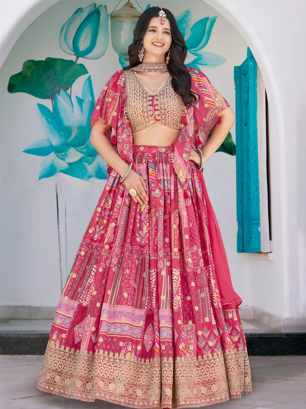 Pink Chinon Silk Zari Embroidered Lehenga Choli for Women
