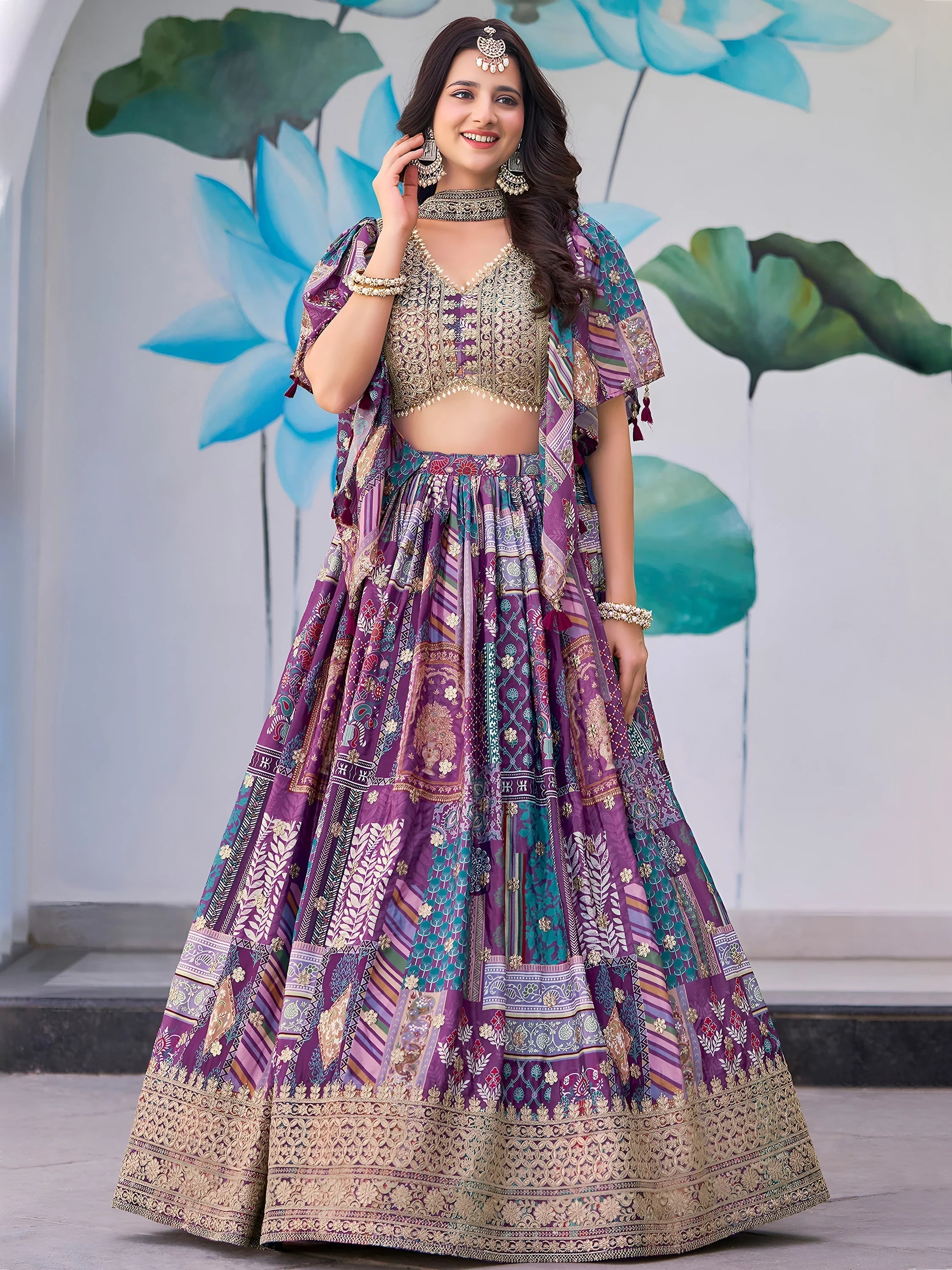 Purple Chinon Silk Zari Embroidered Lehenga Choli for Women