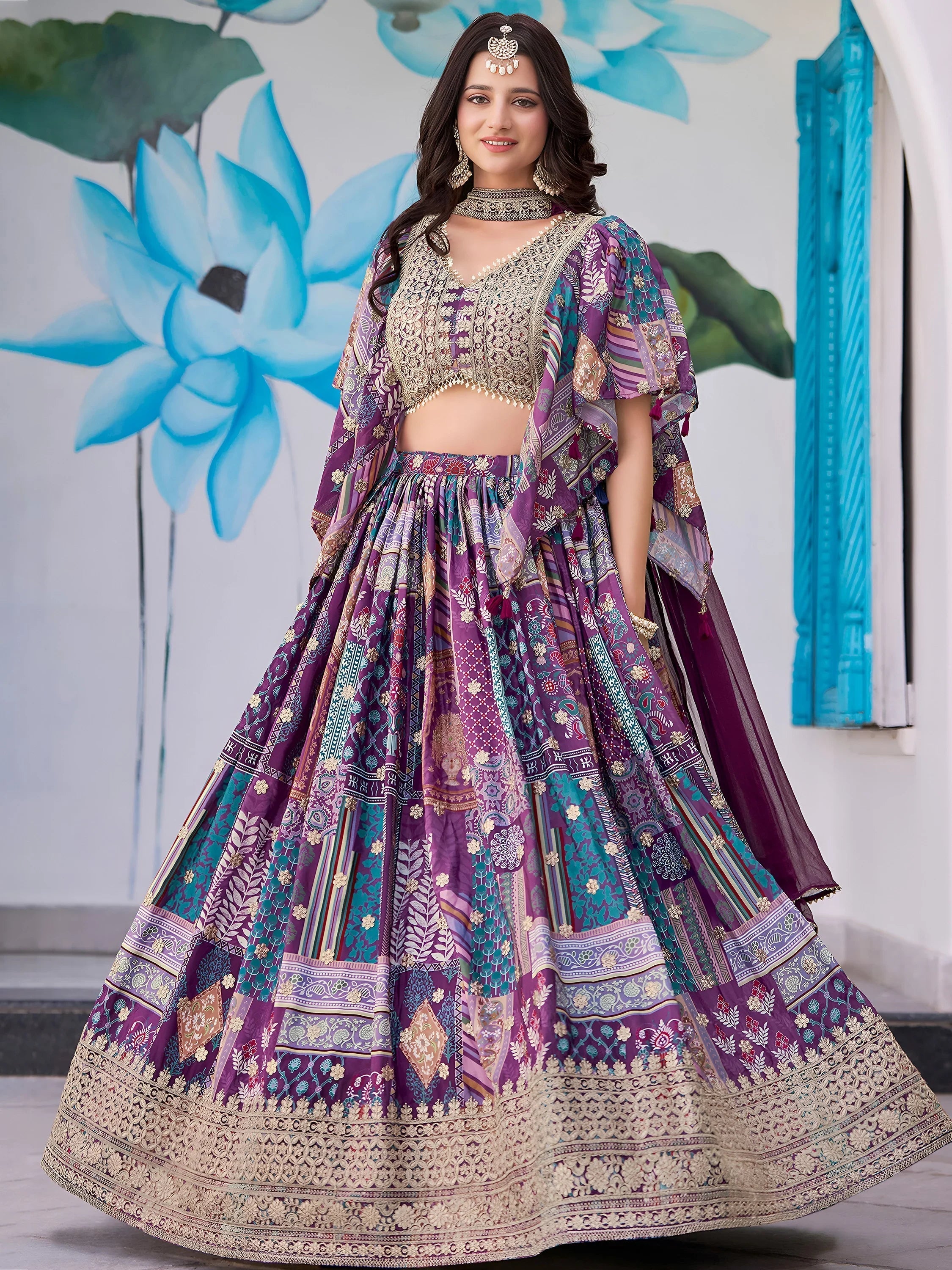 Purple Chinon Silk Zari Embroidered Lehenga Choli for Women