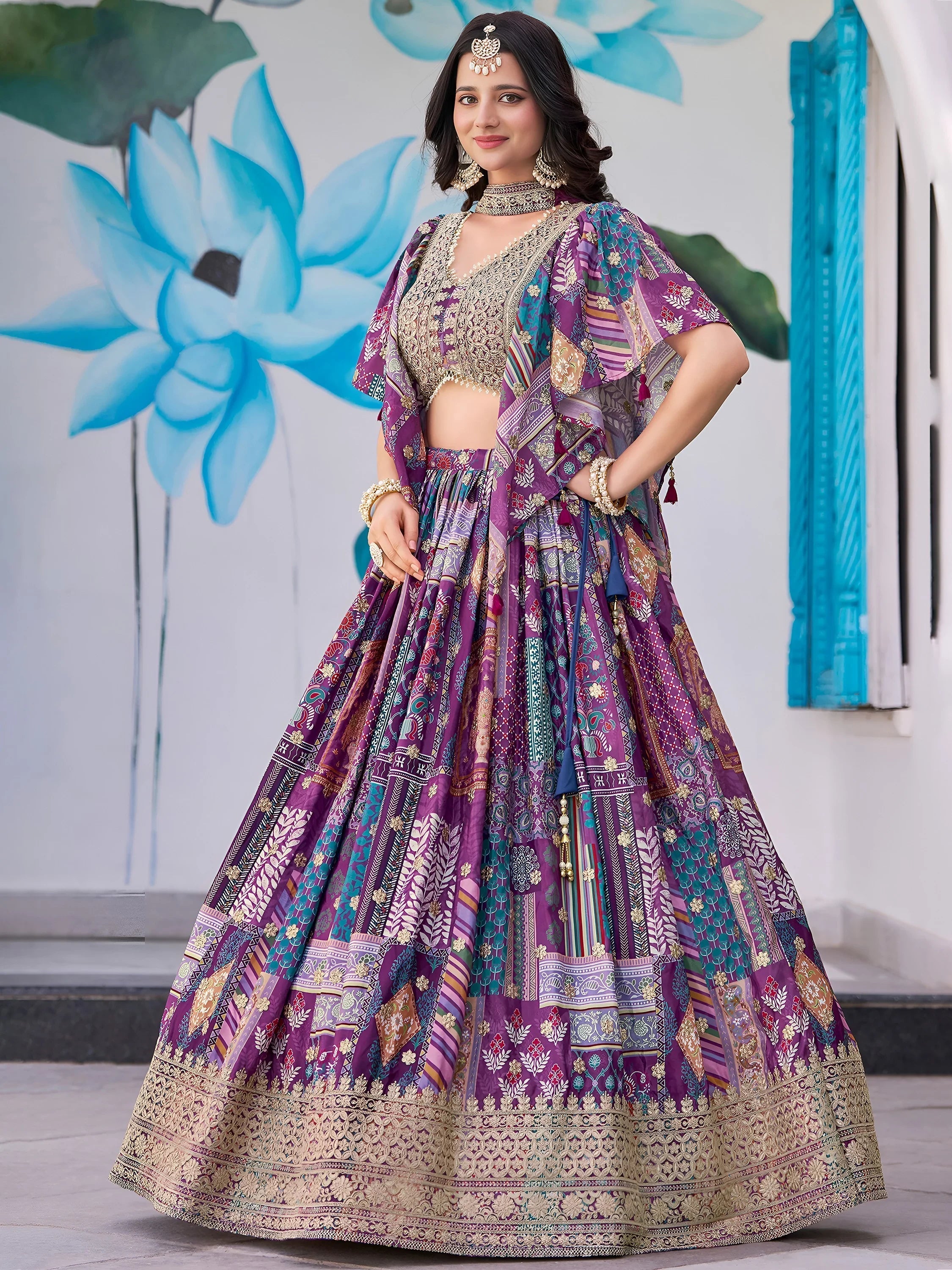 Purple Chinon Silk Zari Embroidered Lehenga Choli for Women