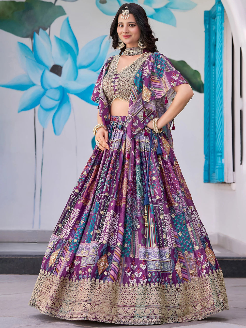 Purple Chinon Silk Zari Embroidered Lehenga Choli for Women