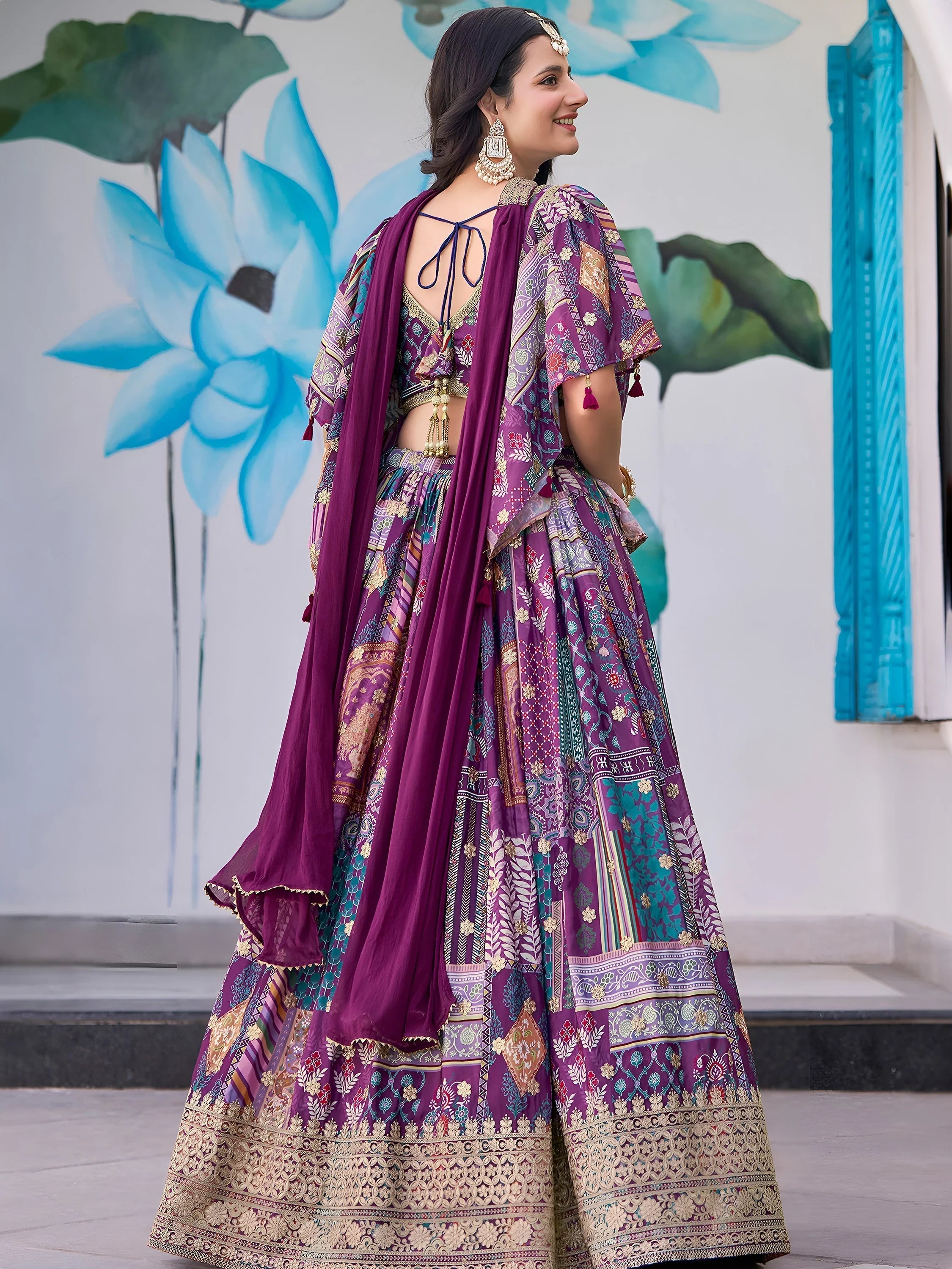Purple Chinon Silk Zari Embroidered Lehenga Choli for Women