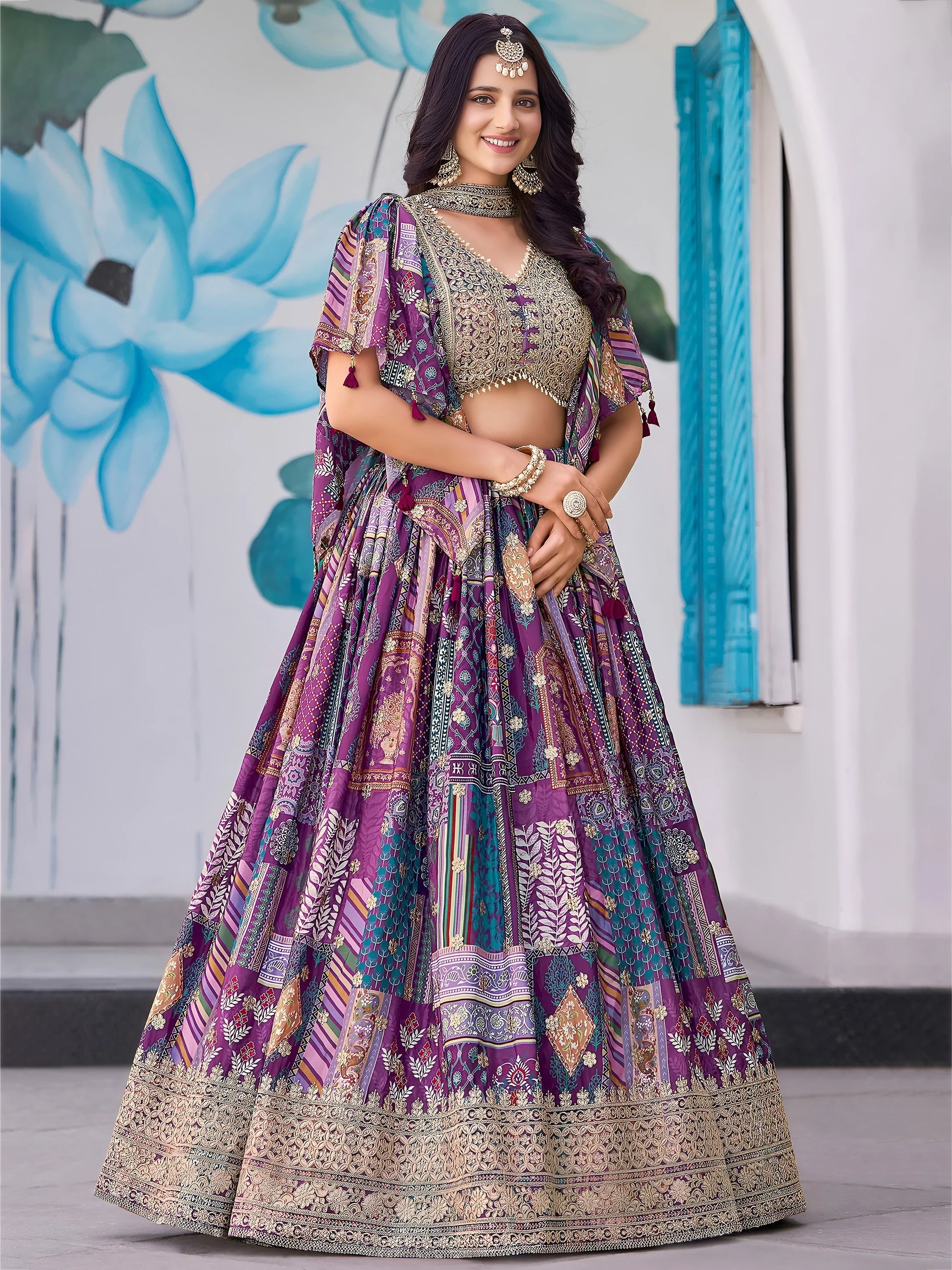 Purple Chinon Silk Zari Embroidered Lehenga Choli for Women