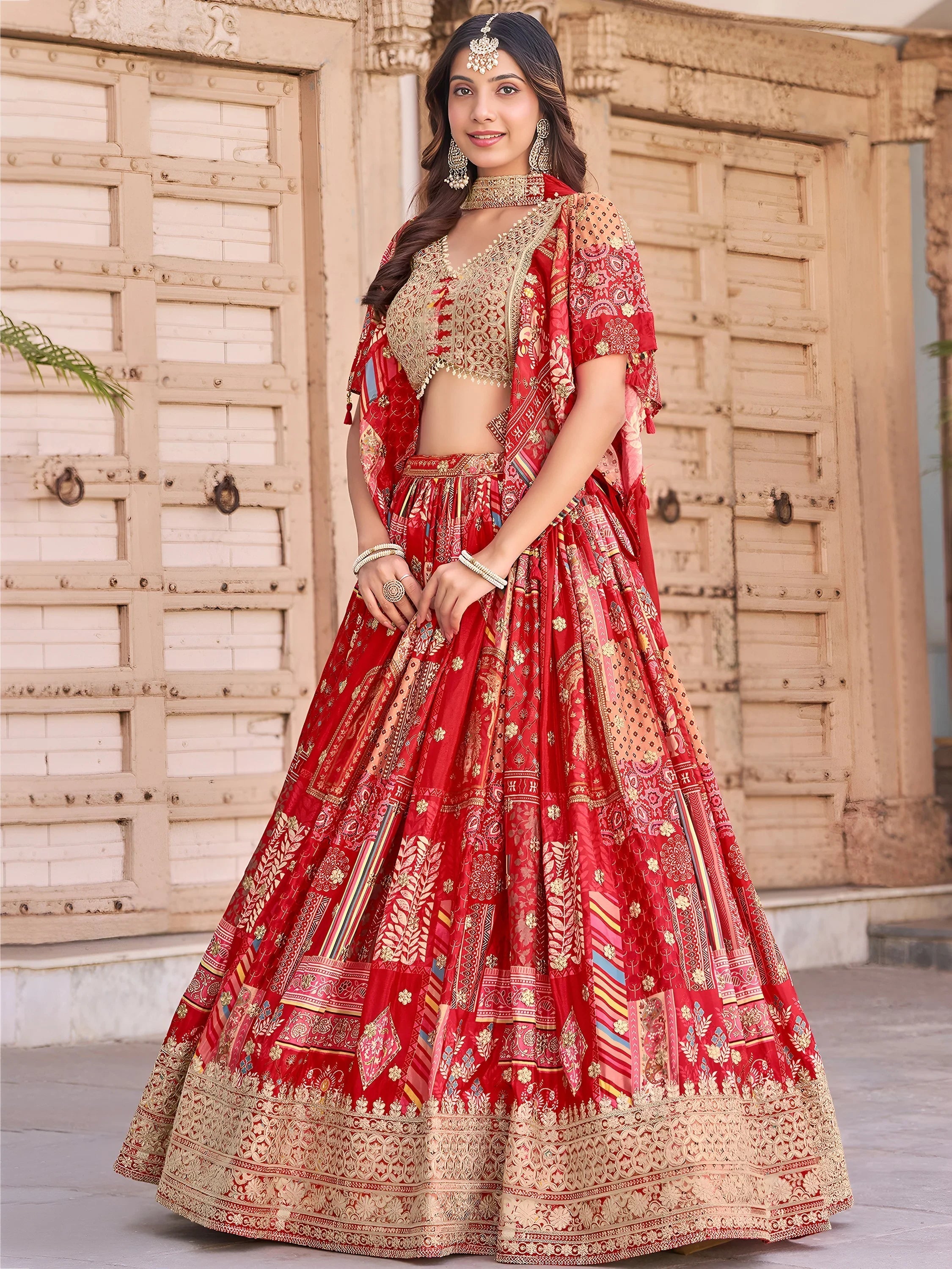 Red Chinon Silk Zari Embroidered Lehenga Choli for Women