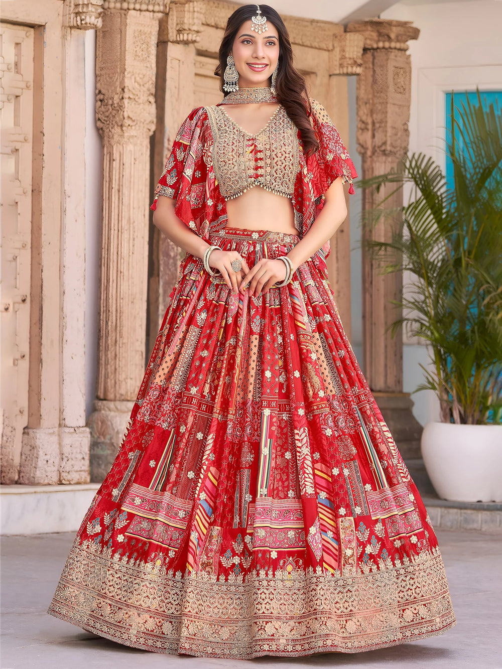 Red Chinon Silk Zari Embroidered Lehenga Choli for Women