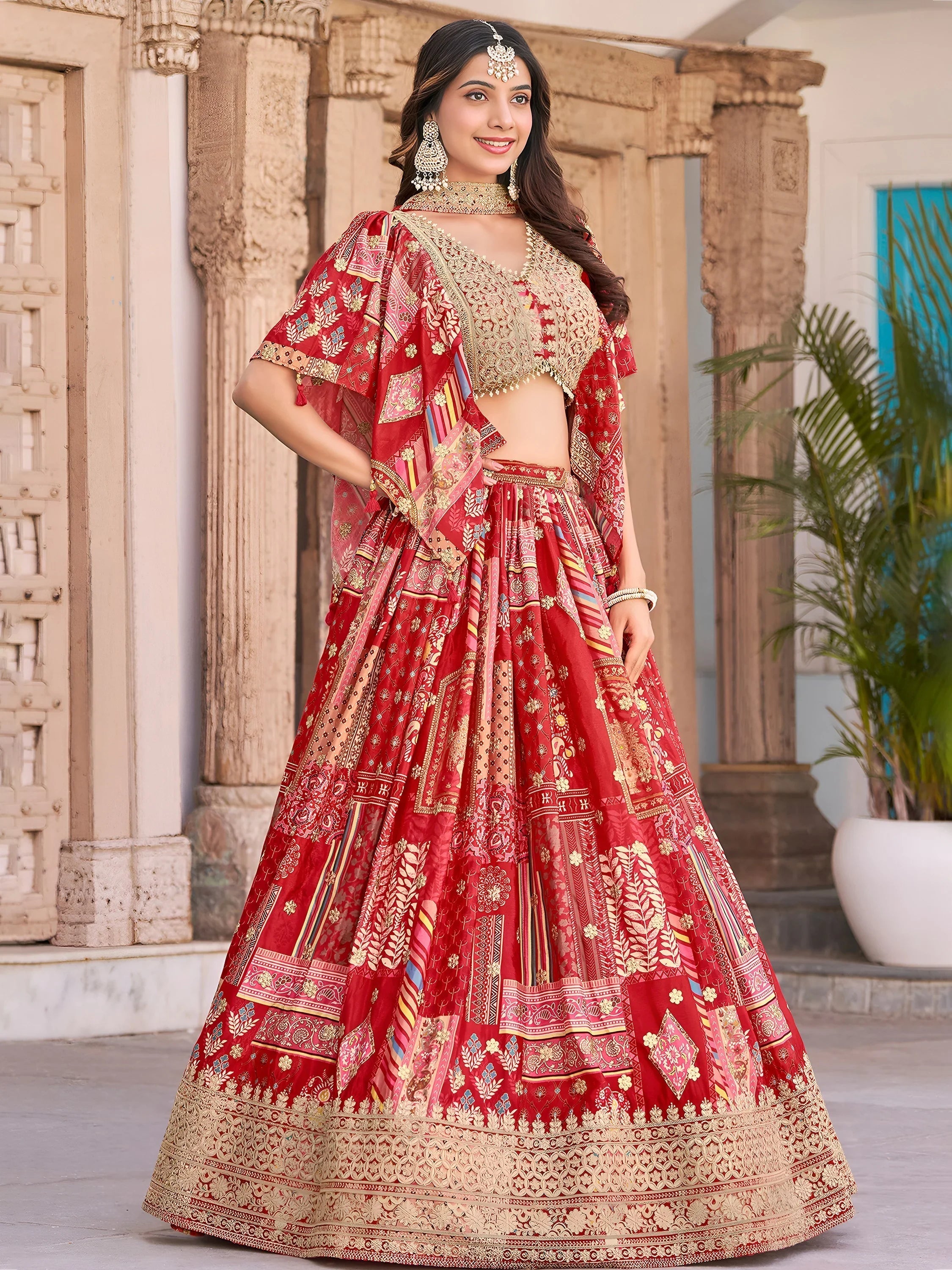 Red Chinon Silk Zari Embroidered Lehenga Choli for Women