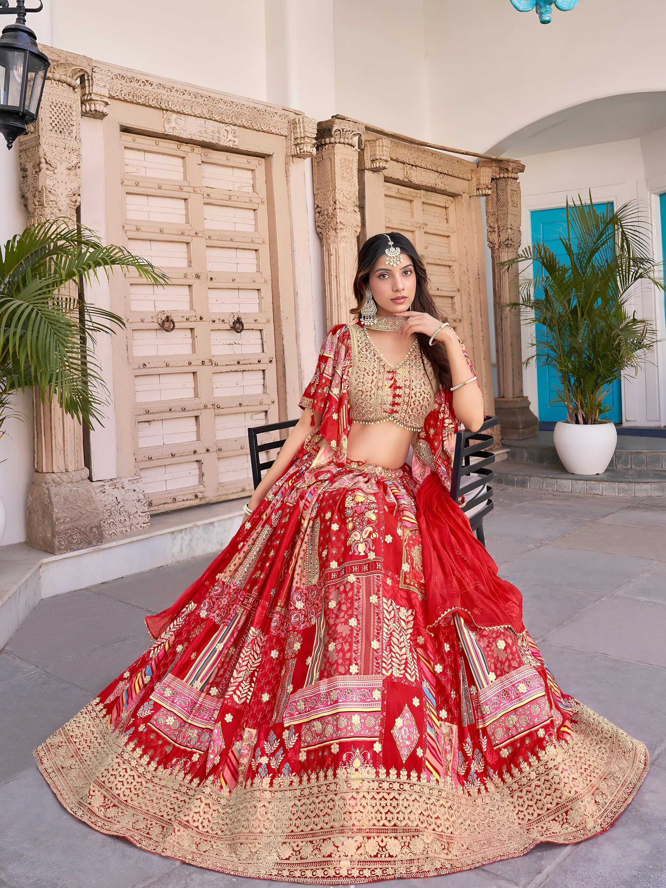 Red Chinon Silk Zari Embroidered Lehenga Choli for Women