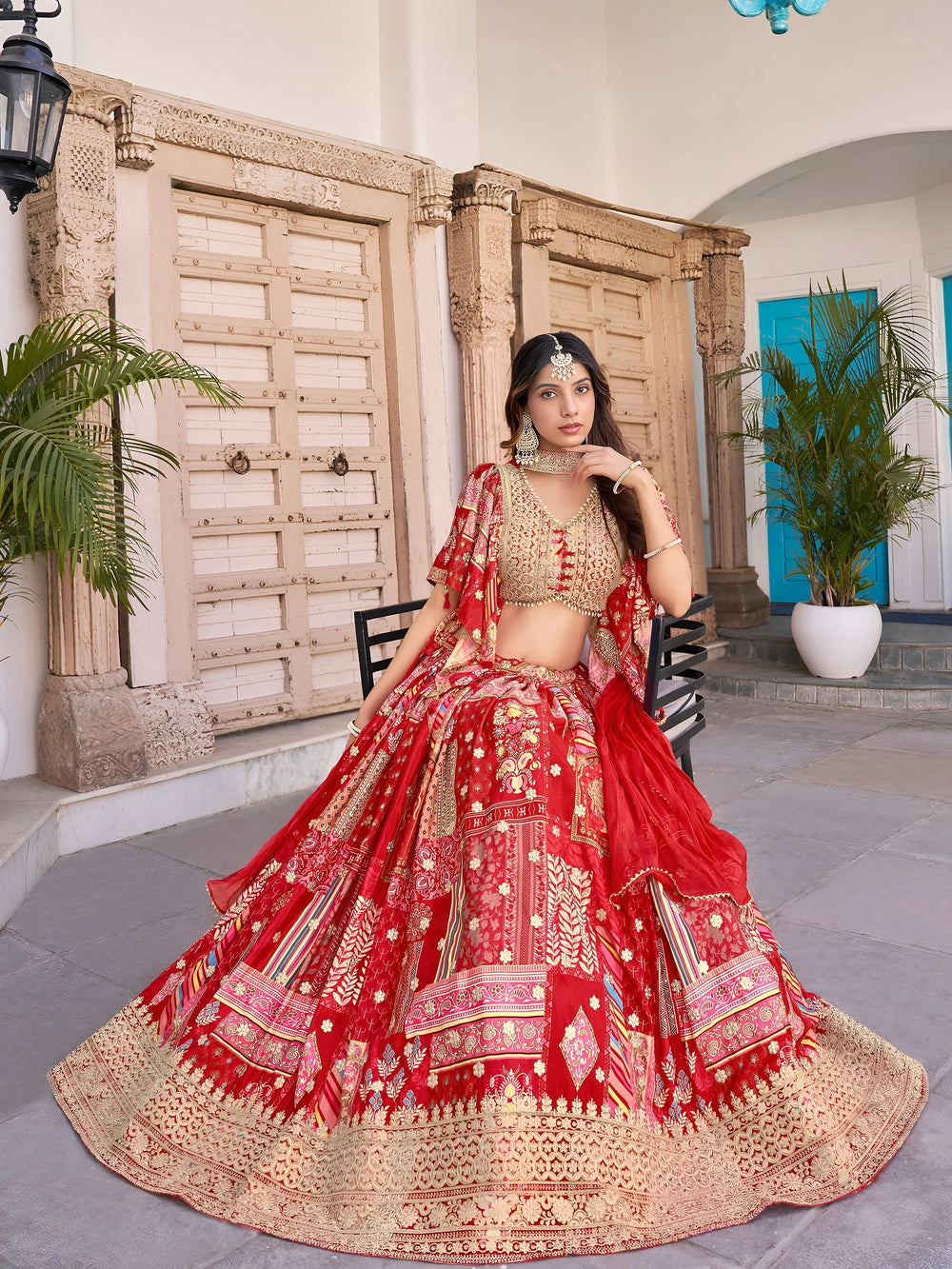 Red Chinon Silk Zari Embroidered Lehenga Choli for Women